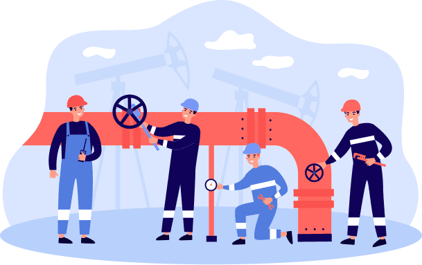 Piping Design Engineering Illustration of engineers inspecting an industrial pipeline with oil pumpjacks in the background