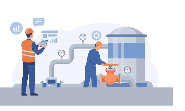 Piping Stress Analysis Illustration of engineers inspecting a piping and valve system with data analytics icons