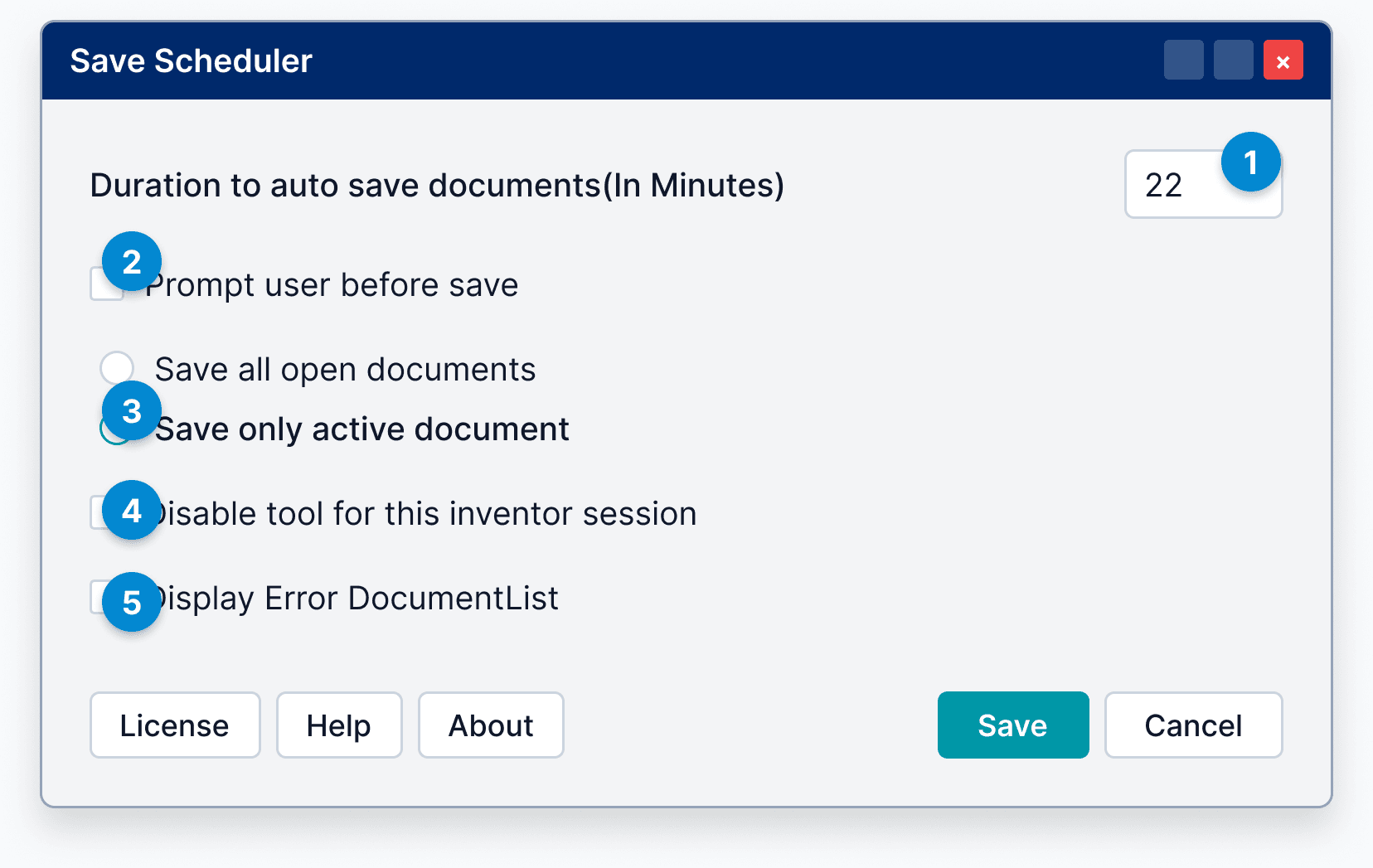 Annotated Save Scheduler dialog walking through each configuration option