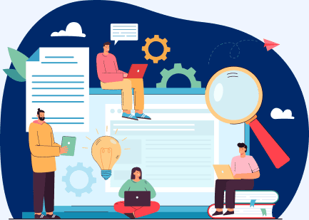 Regulatory Compliance Illustration of a team reviewing compliance documents with a magnifying glass and lightbulb icon