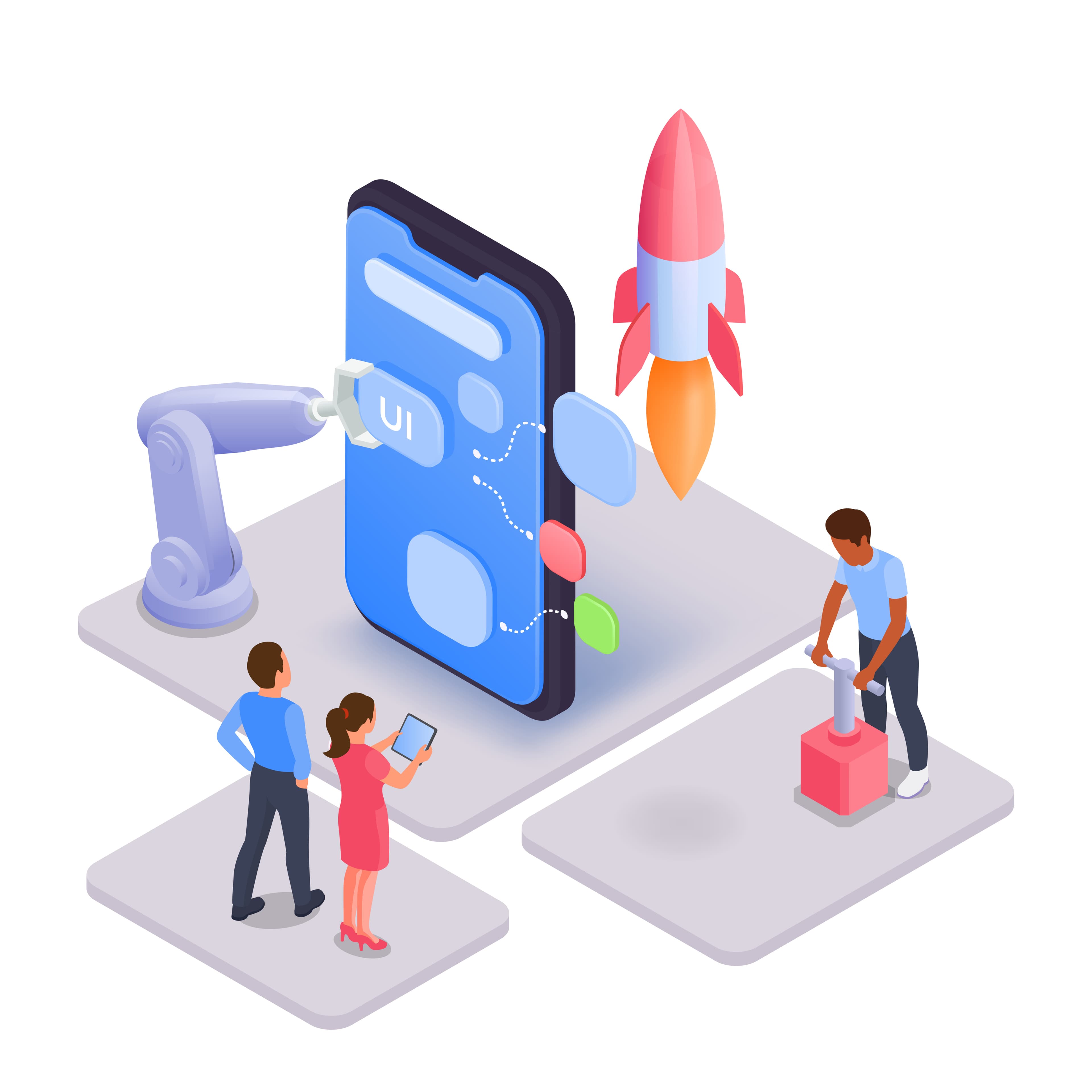Illustration of a cross-functional team collaborating on UI design, marketing, and growth Illustration of a cross-functional team collaborating on UI design, marketing, and growth