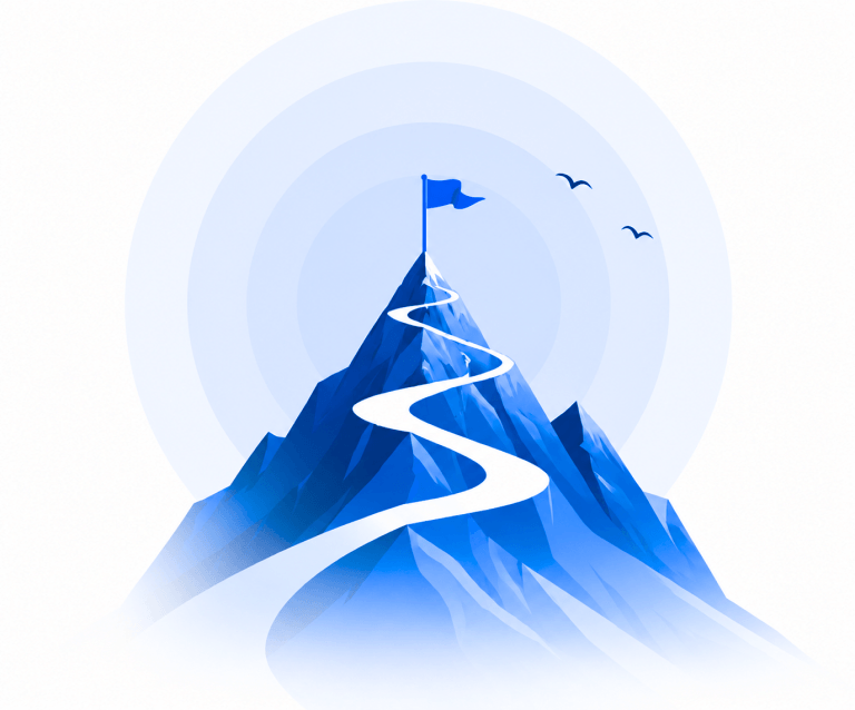 Illustration of a flag planted at a mountain summit with a winding path leading to it