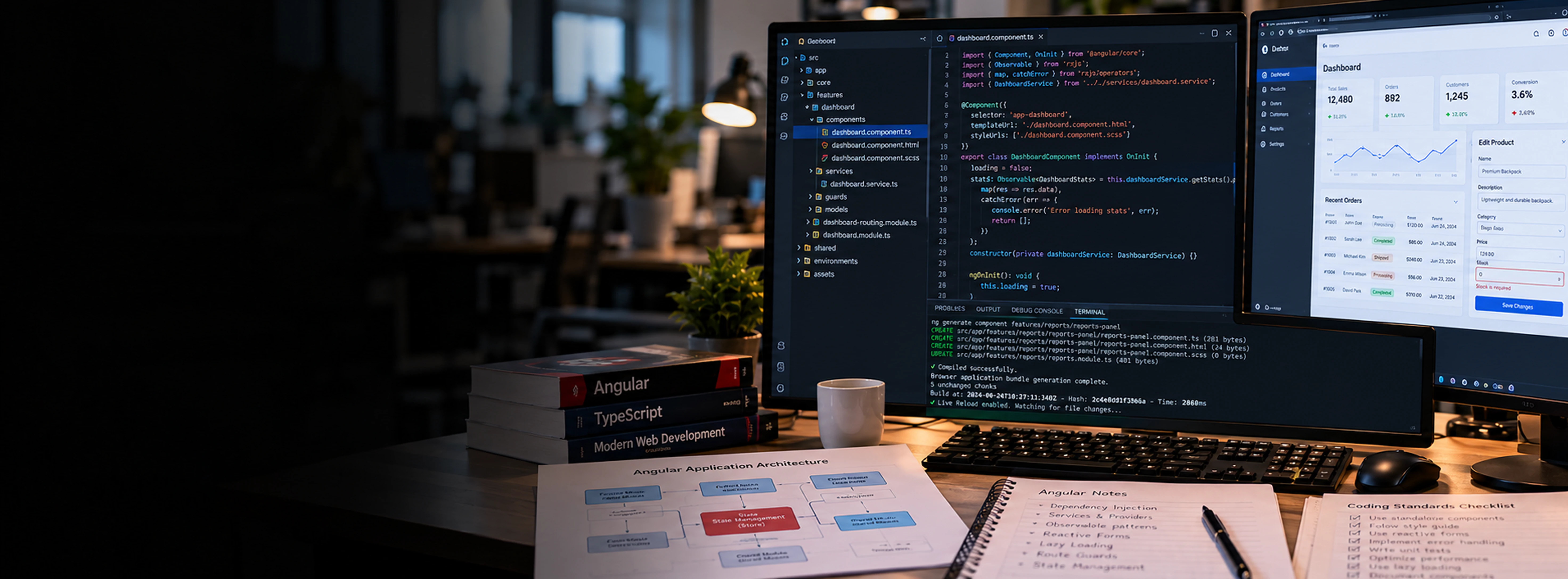 Angular Development 3D Angular-logoikon der lyser på en mørk gradientbaggrund