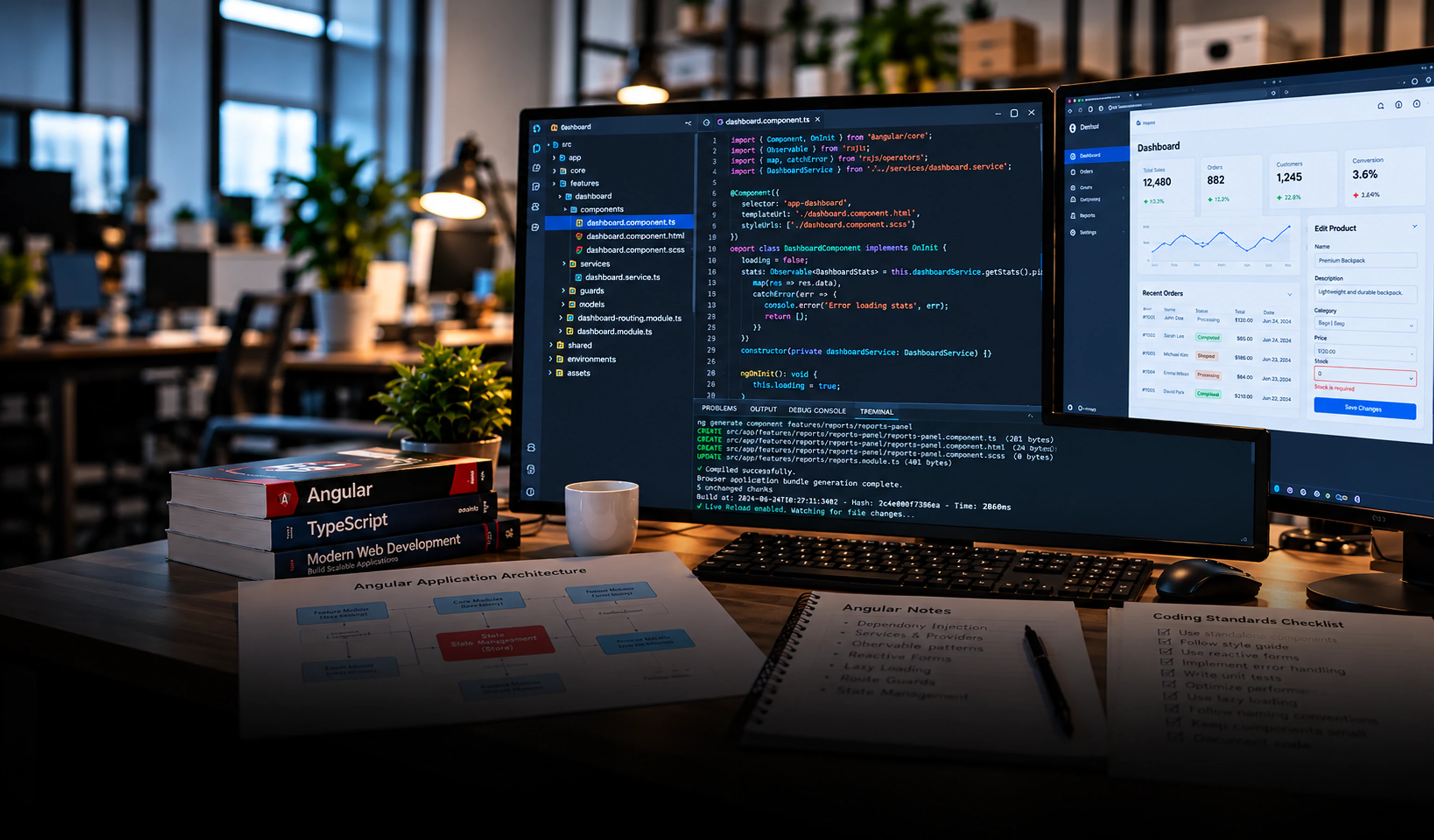 Angular Development 3D Angular-logoikon der lyser på en mørk gradientbaggrund