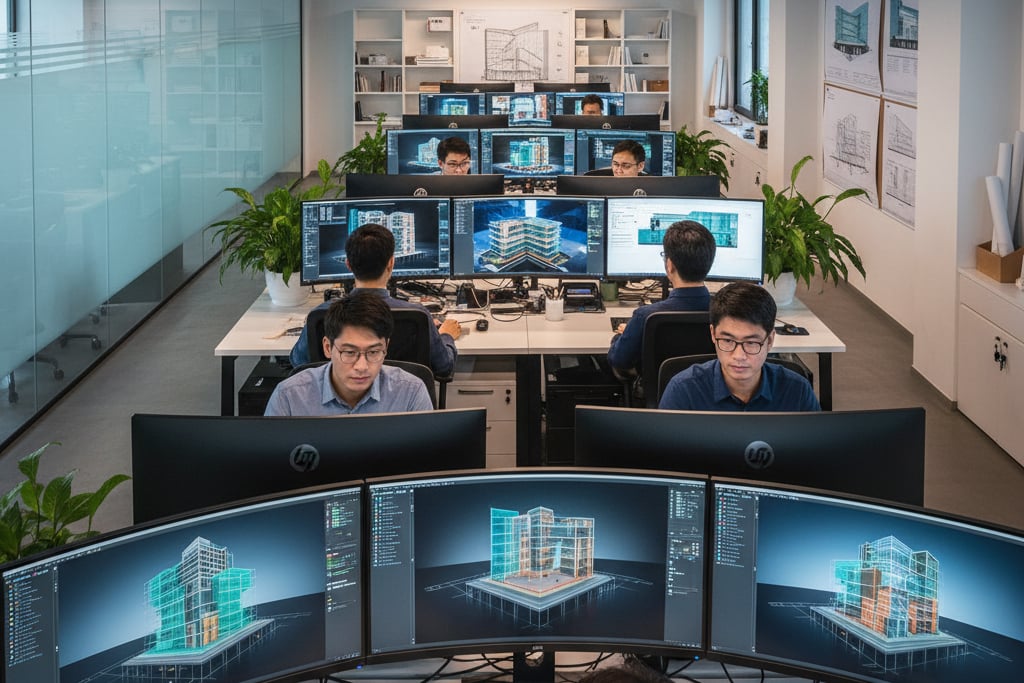 Illustration of architects reviewing a 3D architectural model and blueprint on computer screens