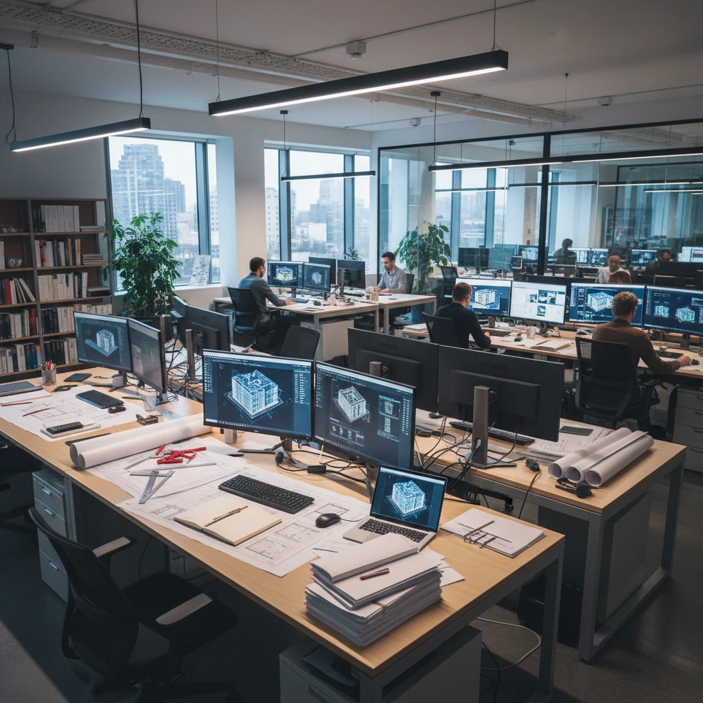 Architectural Drafting and Detailing Architectural drafting office with engineers working on 3D building models and CAD drawings across multiple monitors