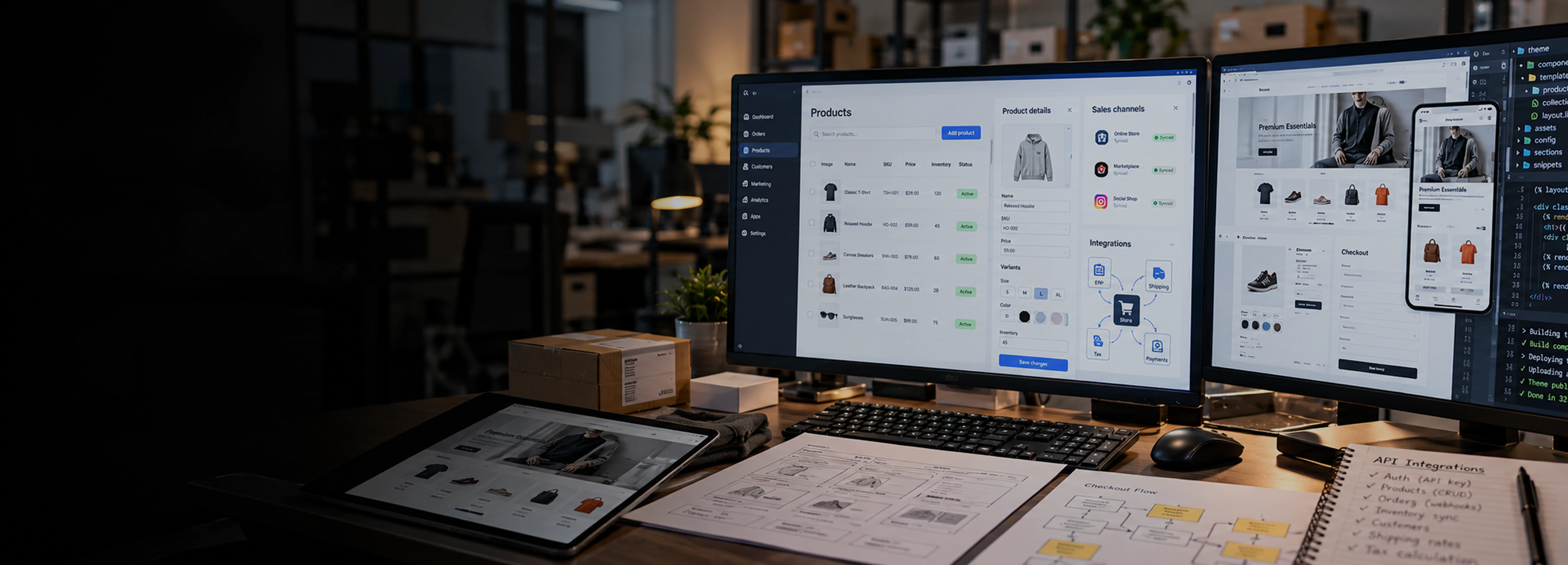 BigCommerce-udvikling Foto af en online indkøbskurv med pakker ved siden af en bærbar computer og et kreditkort, der illustrerer betalingsprocessen ved e-handel