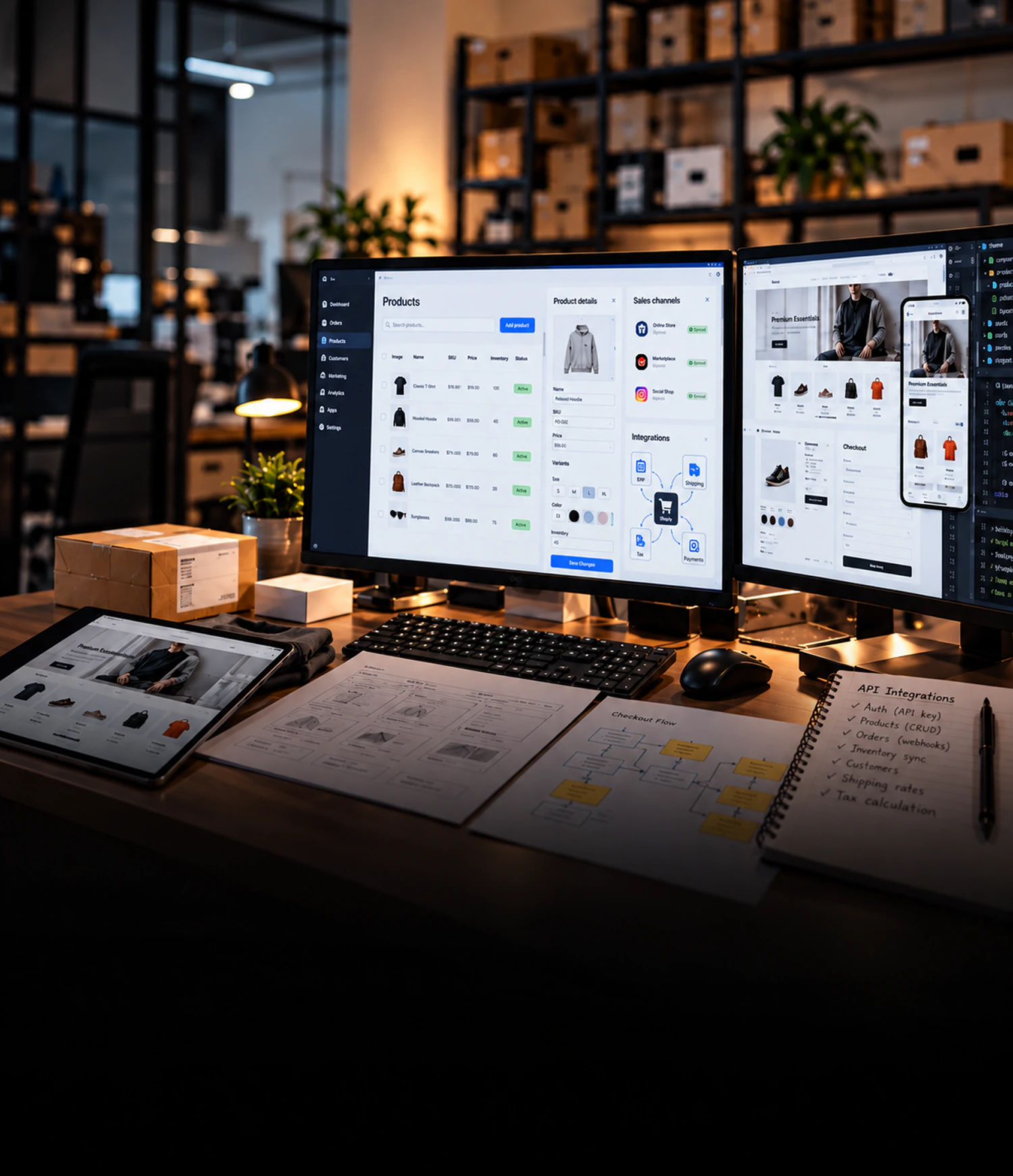 BigCommerce-udvikling Foto af en online indkøbskurv med pakker ved siden af en bærbar computer og et kreditkort, der illustrerer betalingsprocessen ved e-handel