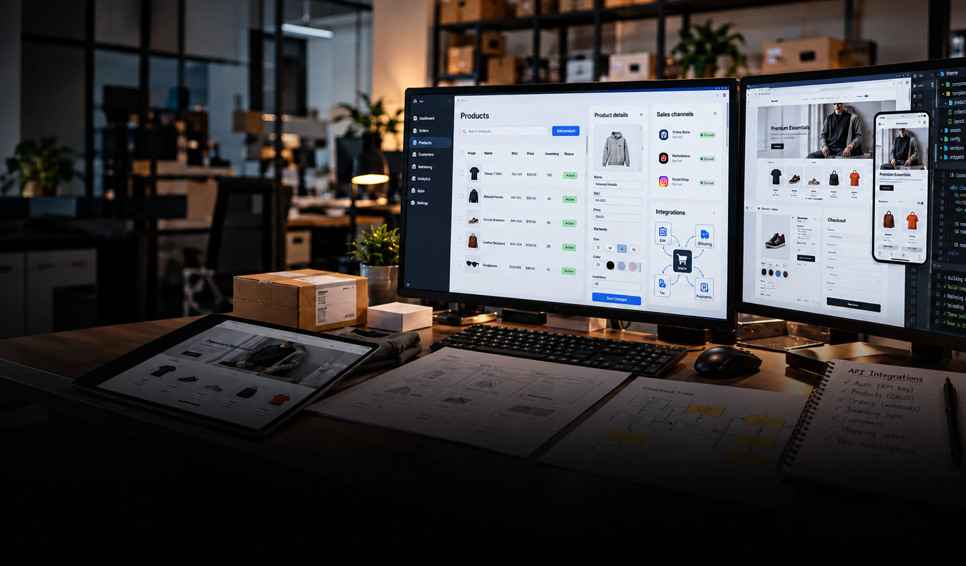 BigCommerce-udvikling Foto af en online indkøbskurv med pakker ved siden af en bærbar computer og et kreditkort, der illustrerer betalingsprocessen ved e-handel