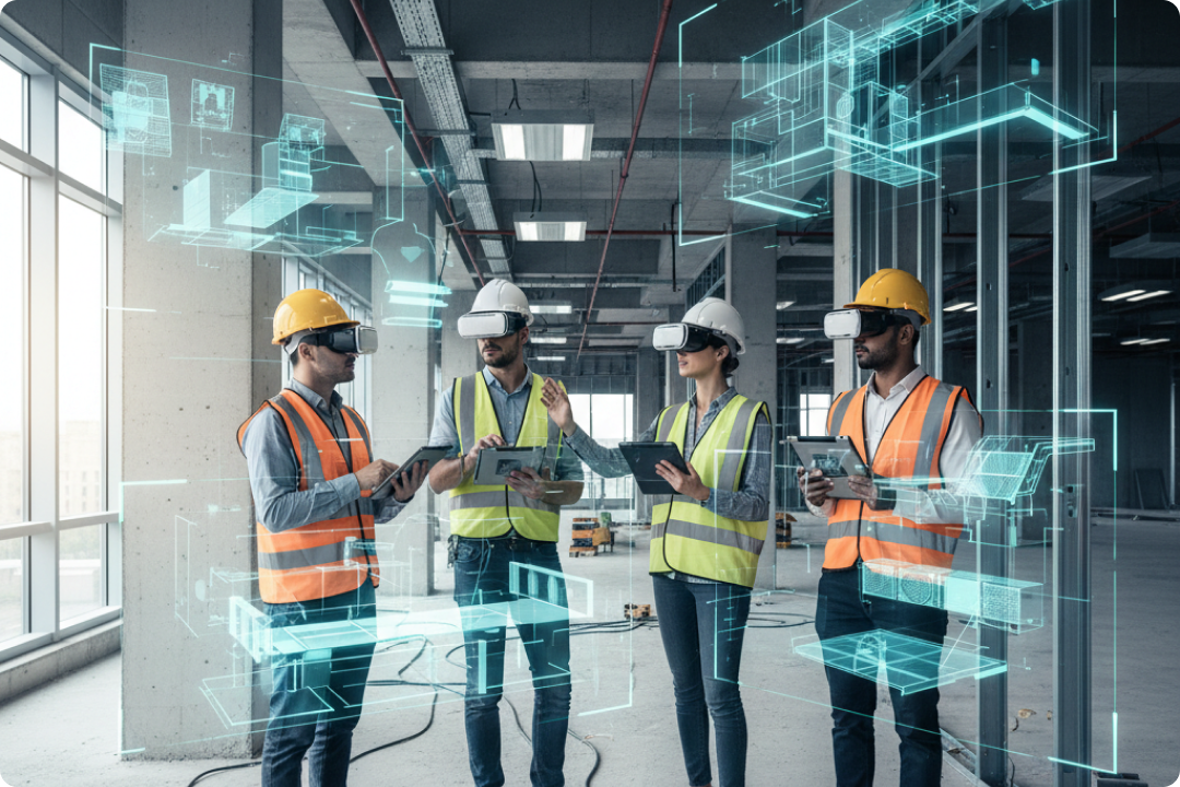 BIM et réalité augmentée Illustration d'un développeur utilisant la technologie de réalité augmentée et virtuelle (RA/RV) pour visualiser des modèles de bâtiment BIM avec des superpositions de code