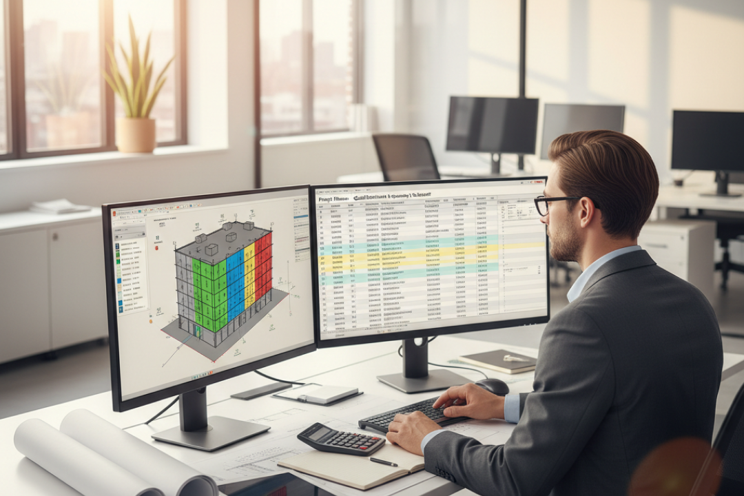 Estimation des coûts BIM Illustration d'une personne analysant des données d'estimation de coûts avec des graphiques financiers et des indicateurs de pourcentage sur un écran numérique