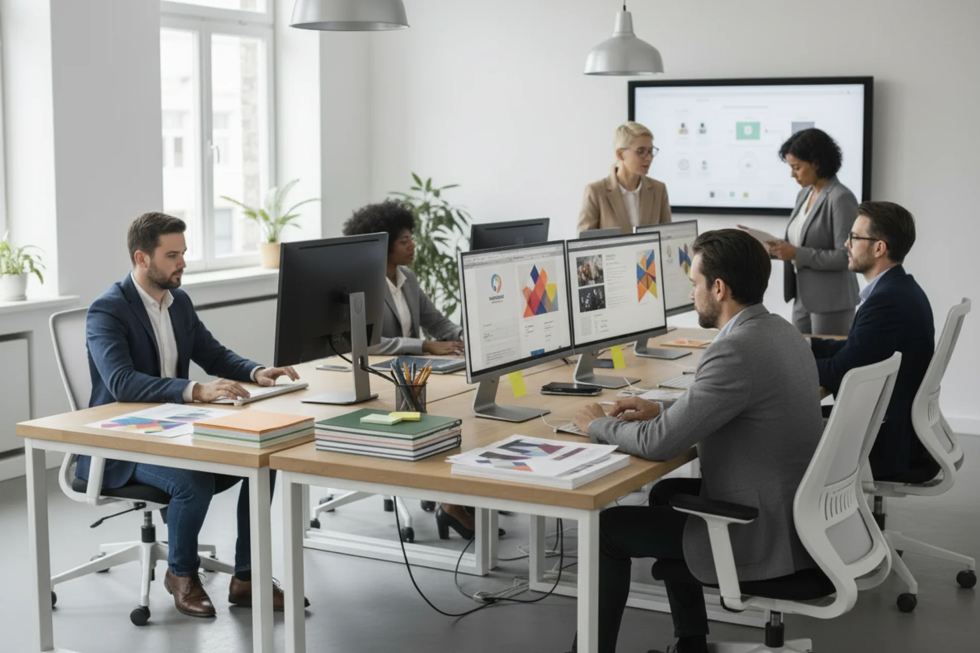 Illustration of a team collaborating on business strategy documents with idea and research icons