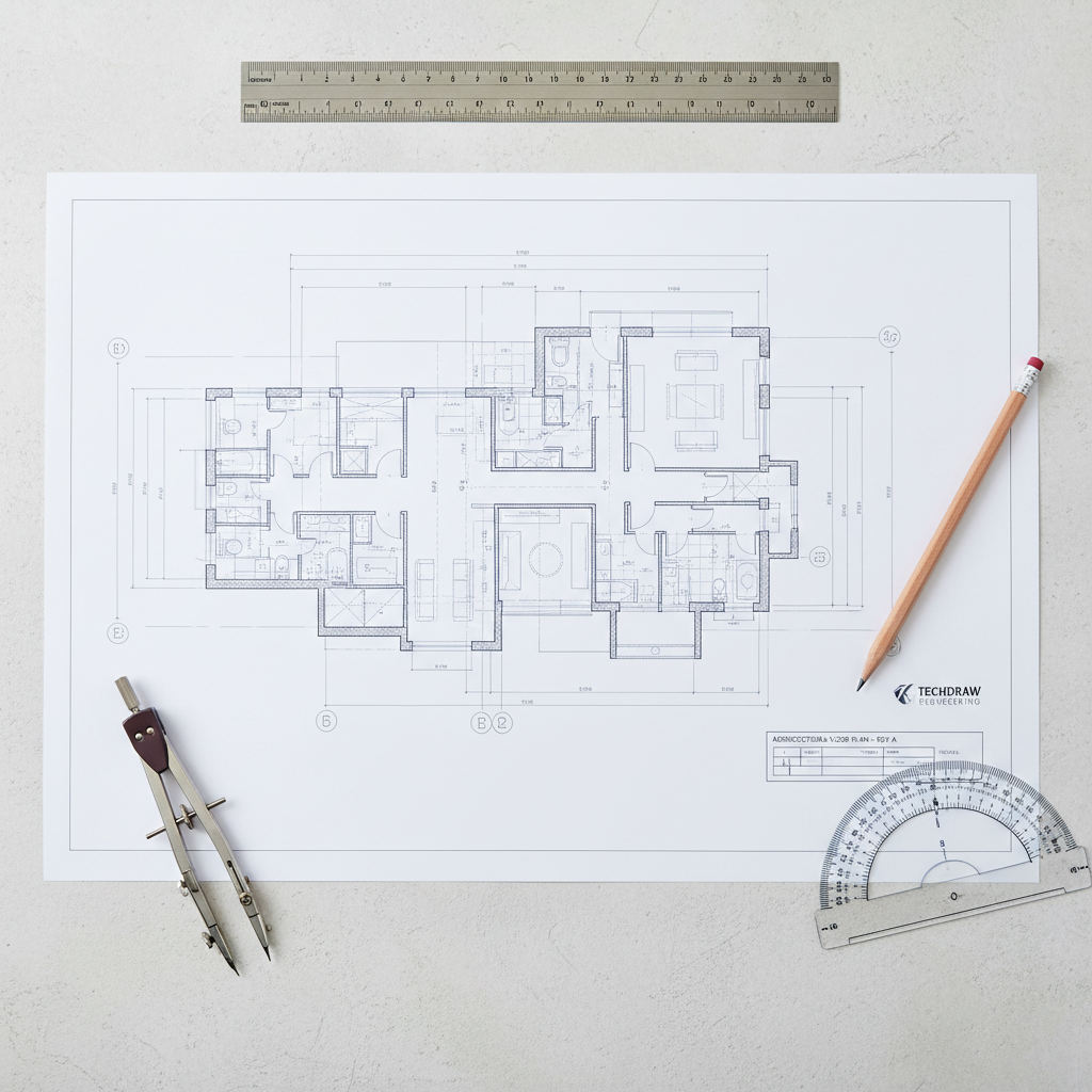 CAD Drafting and Conversion Architectural floor plan blueprint on a desk surrounded by a ruler, pencil, compass, and protractor