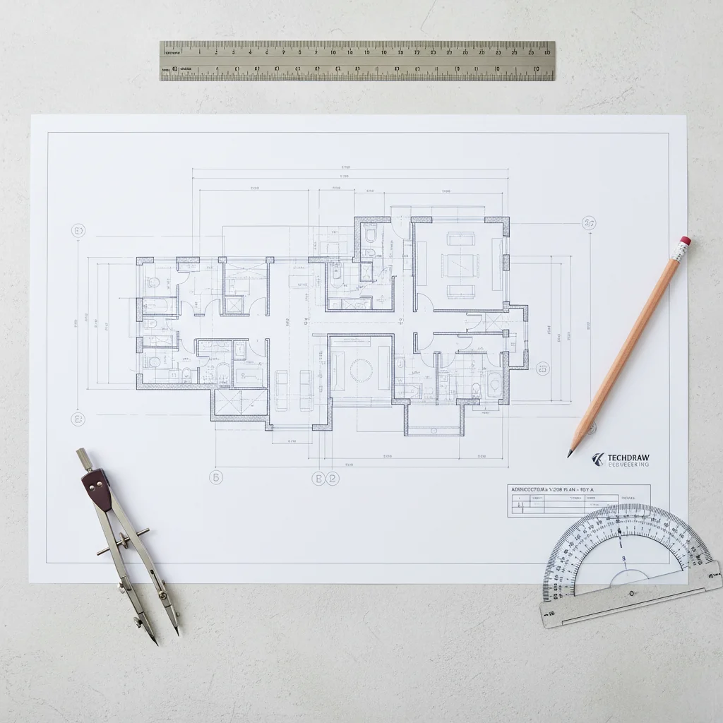 CAD Drafting and Conversion Architectural floor plan blueprint on a desk surrounded by a ruler, pencil, compass, and protractor