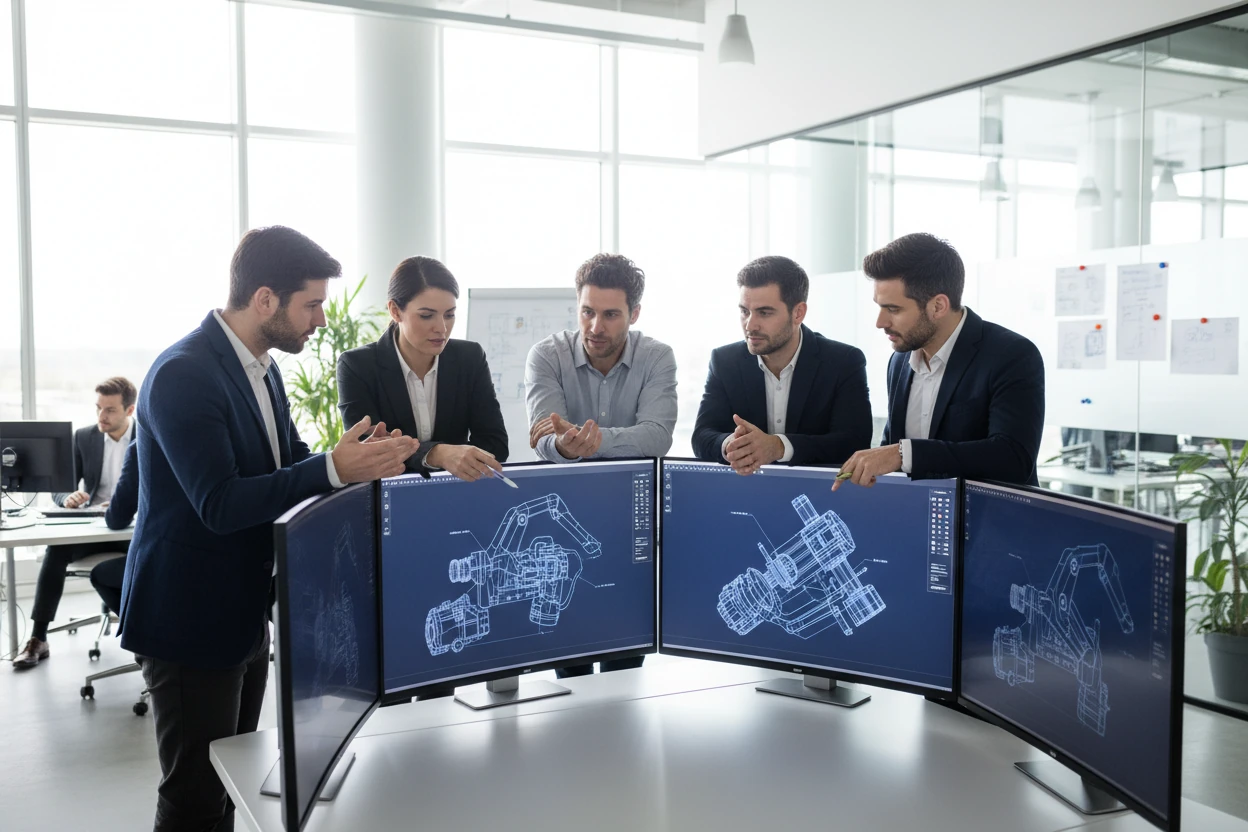 Ingeniører hos Monarch Innovation gennemgår CAD-design af robotarme på en række buede skærme