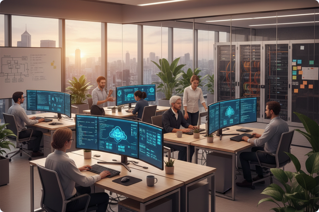 Ingénierie cloud-native et modernisation Illustration de deux développeurs travaillant autour d'une grande icône de cloud avec des engrenages représentant la modernisation cloud-native