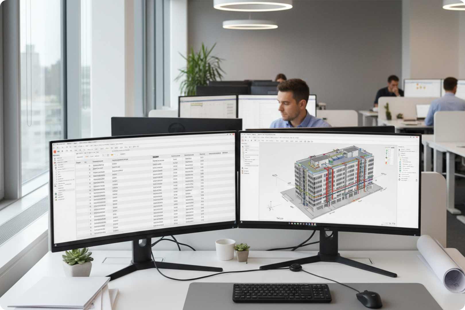 Services de modélisation COBie Illustration d'un ingénieur tenant un plan à côté d'un projet de bâtiment achevé affiché sur une tablette