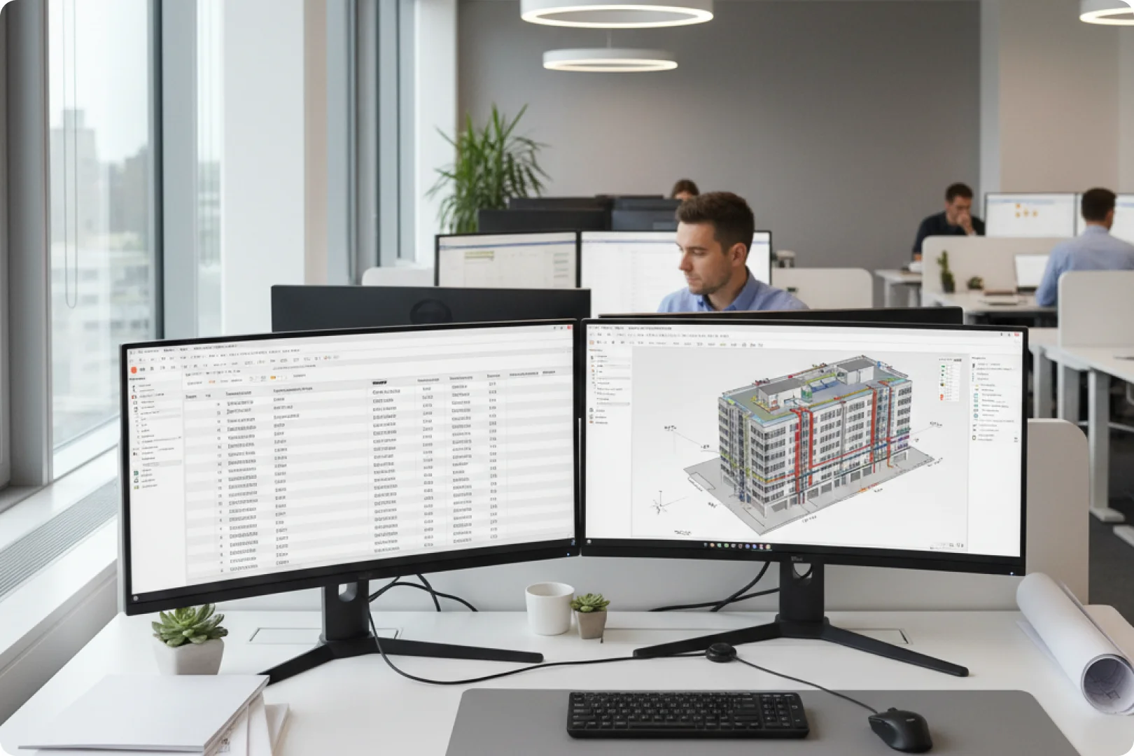 Services de modélisation COBie Illustration d'un ingénieur tenant un plan à côté d'un projet de bâtiment achevé affiché sur une tablette