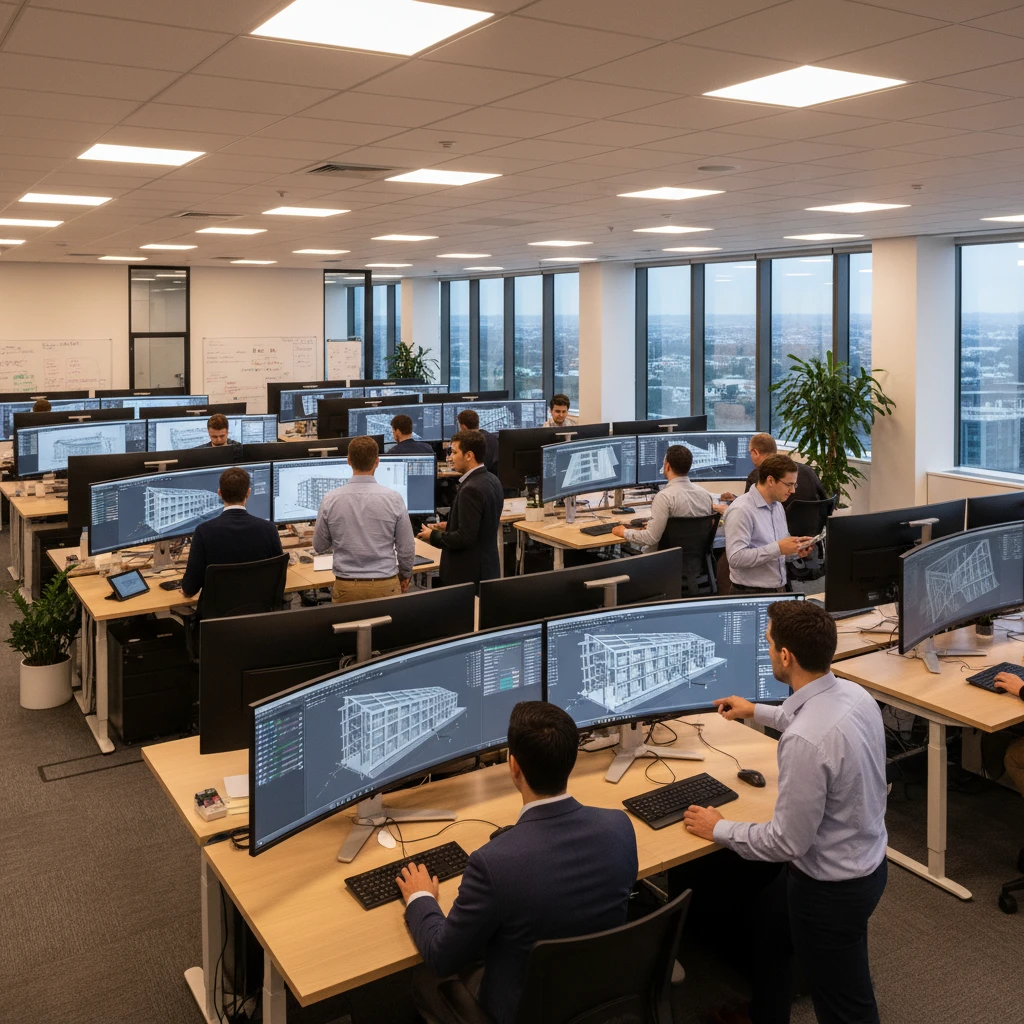 Facade BIM Modeling BIM engineering office with teams working on 3D building facade models across curved monitors