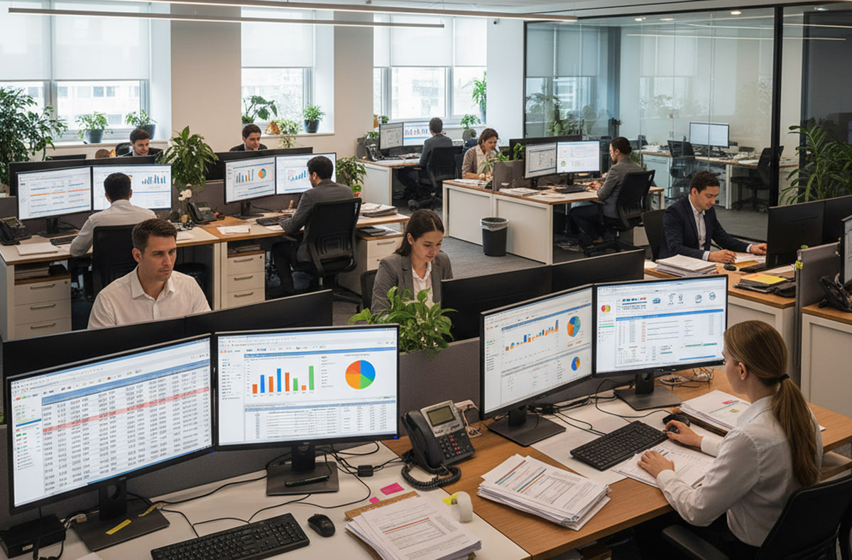 Comptabilité d'entreprise et reporting financier Équipe comptable à des postes à deux écrans examinant des rapports financiers, des graphiques et des pièces justificatives dans un bureau ouvert