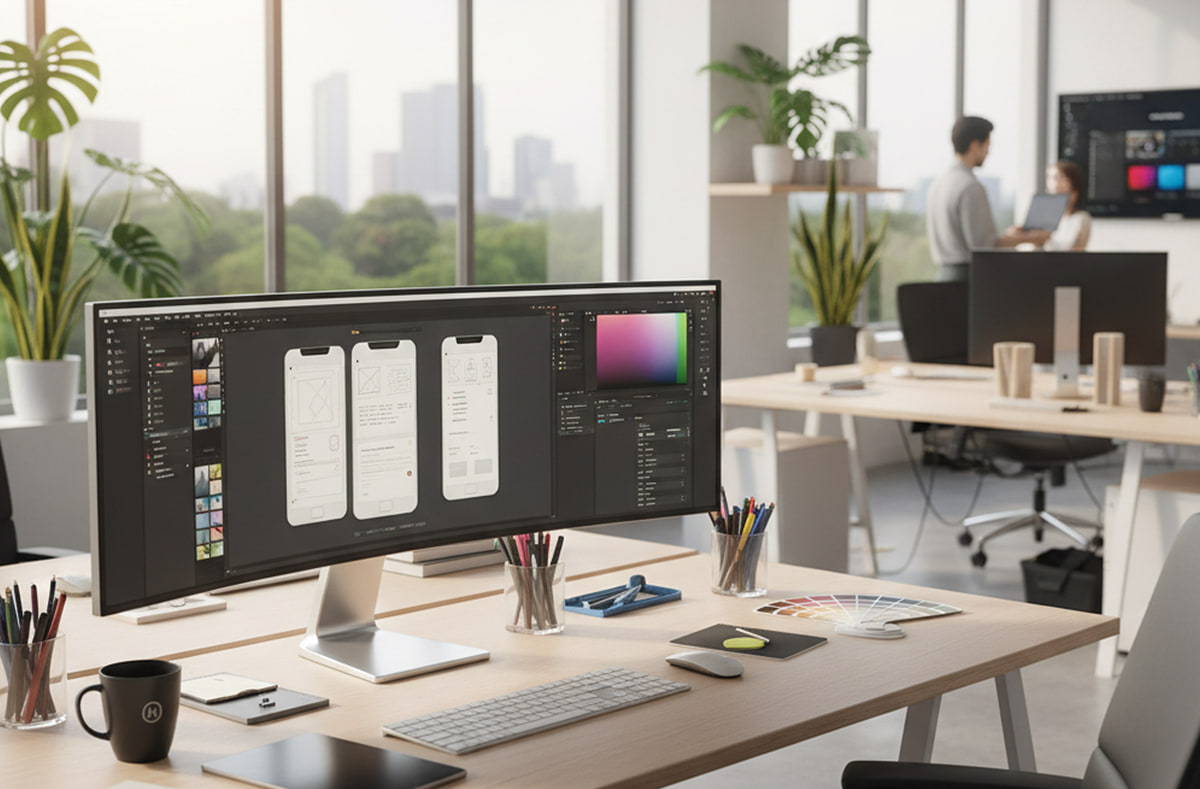 Services de design créatif Bureau de studio créatif avec un écran ultra-large affichant des wireframes d'application mobile et un sélecteur de couleurs, à côté de nuanciers Pantone, de crayons et d'une tablette graphique