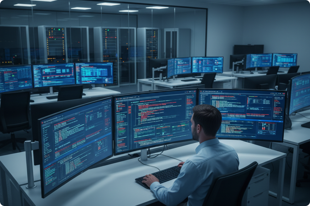 Services de cybersécurité Illustration d'un bouclier de sécurité avec un cadenas à côté d'un robot et d'engrenages représentant l'automatisation de la cybersécurité