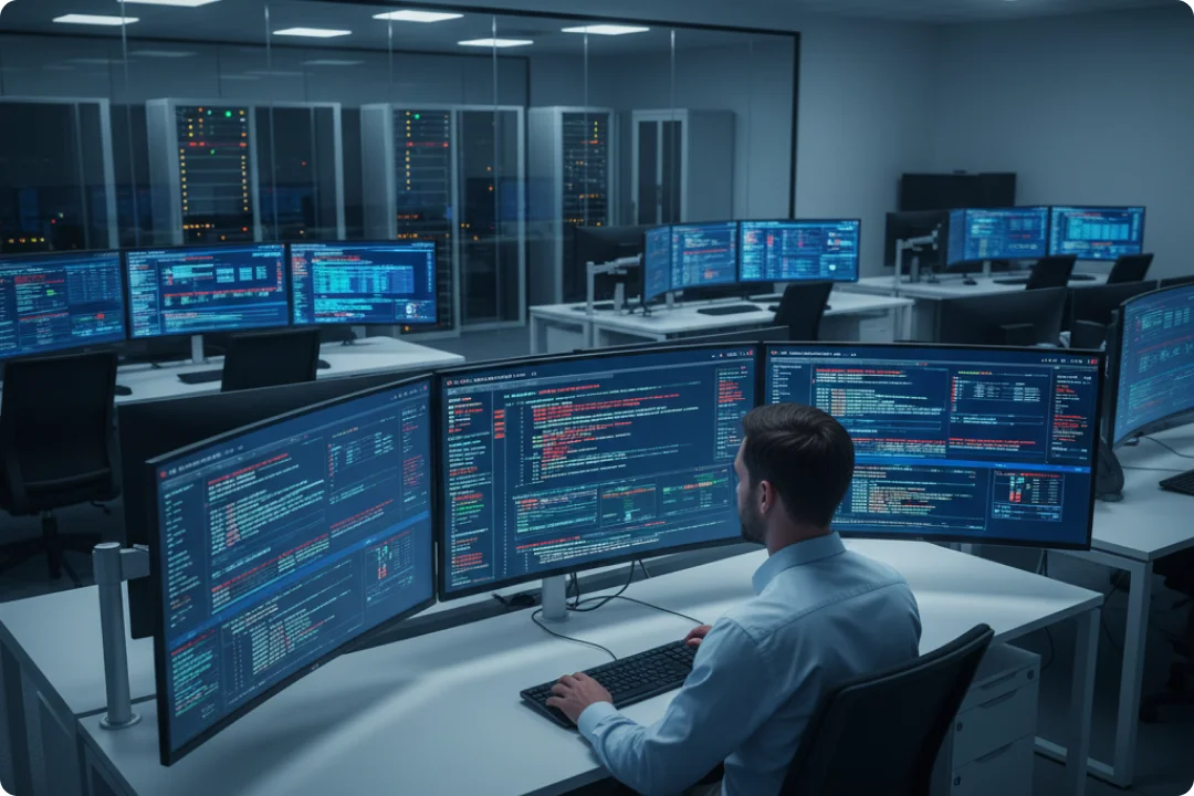 Services de cybersécurité Illustration d'un bouclier de sécurité avec un cadenas à côté d'un robot et d'engrenages représentant l'automatisation de la cybersécurité