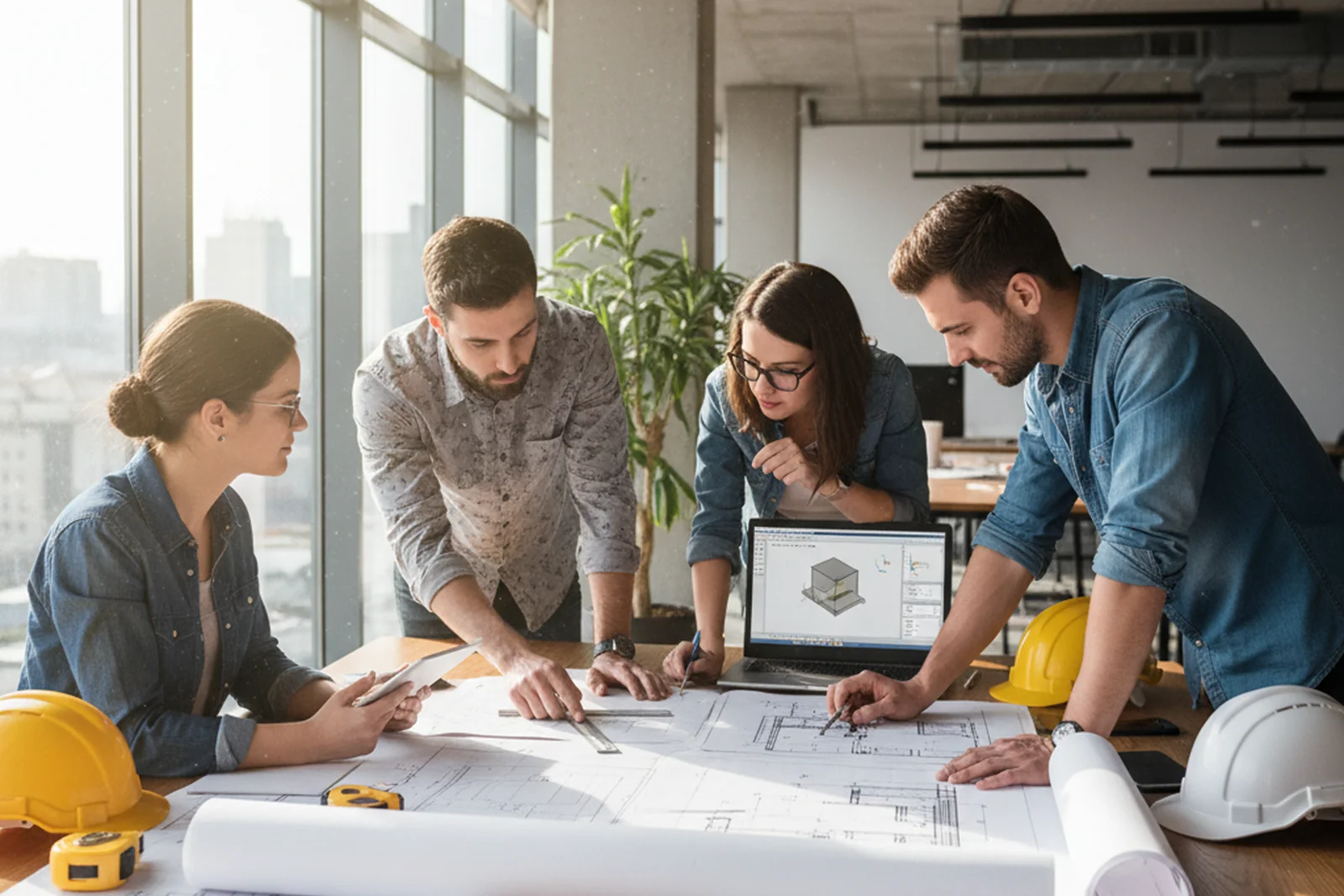 Équipe d'ingénieurs examinant des plans d'exécution détaillés et un modèle CAO 3D autour d'une table couverte de plans de construction