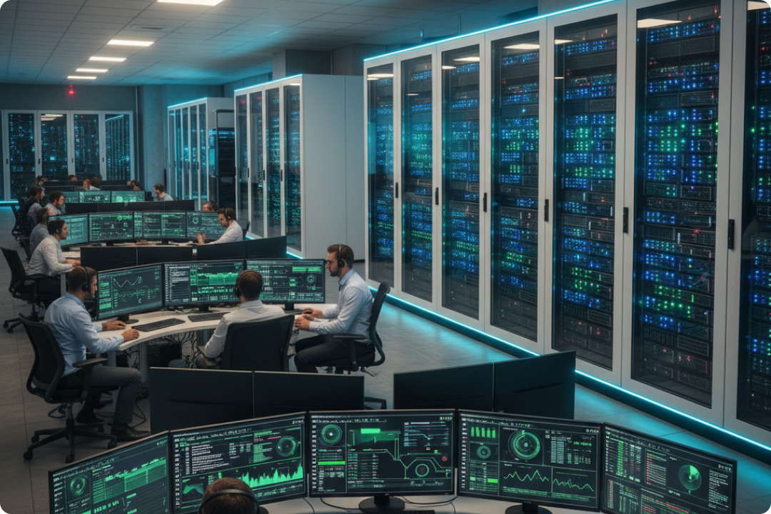 Services de pipeline CI/CD DevOps Illustration de deux développeurs travaillant sur des ordinateurs portables à côté d'une icône de boucle infinie DevOps représentant l'intégration continue