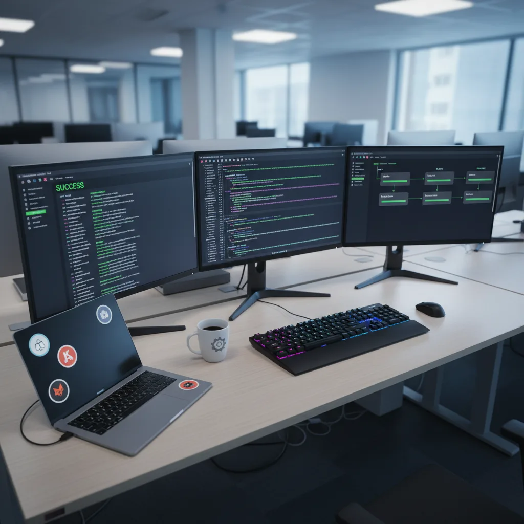 DevOps CI/CD Pipeline Services Triple-monitor developer desk showing a successful deployment, code, and a CI/CD pipeline diagram