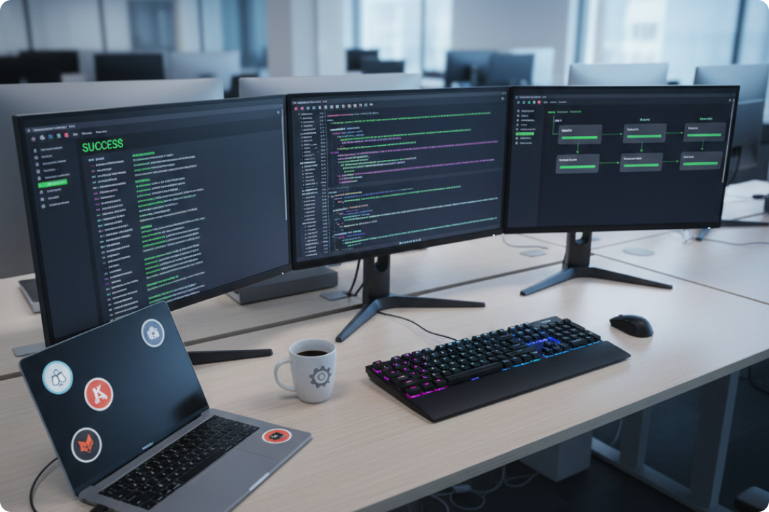 Services DevOps CI/CD Illustration d'un développeur travaillant sur un ordinateur portable à côté d'une icône de boucle infinie DevOps entourée d'engrenages