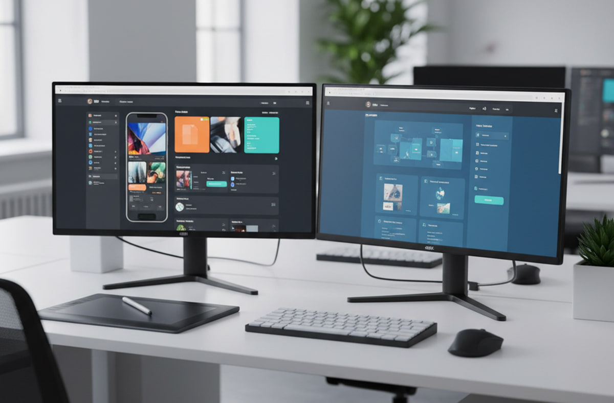 Dual-monitor design workstation showing web and mobile app UI layouts beside a pen tablet and keyboard Dual-monitor design workstation showing web and mobile app UI layouts beside a pen tablet and keyboard