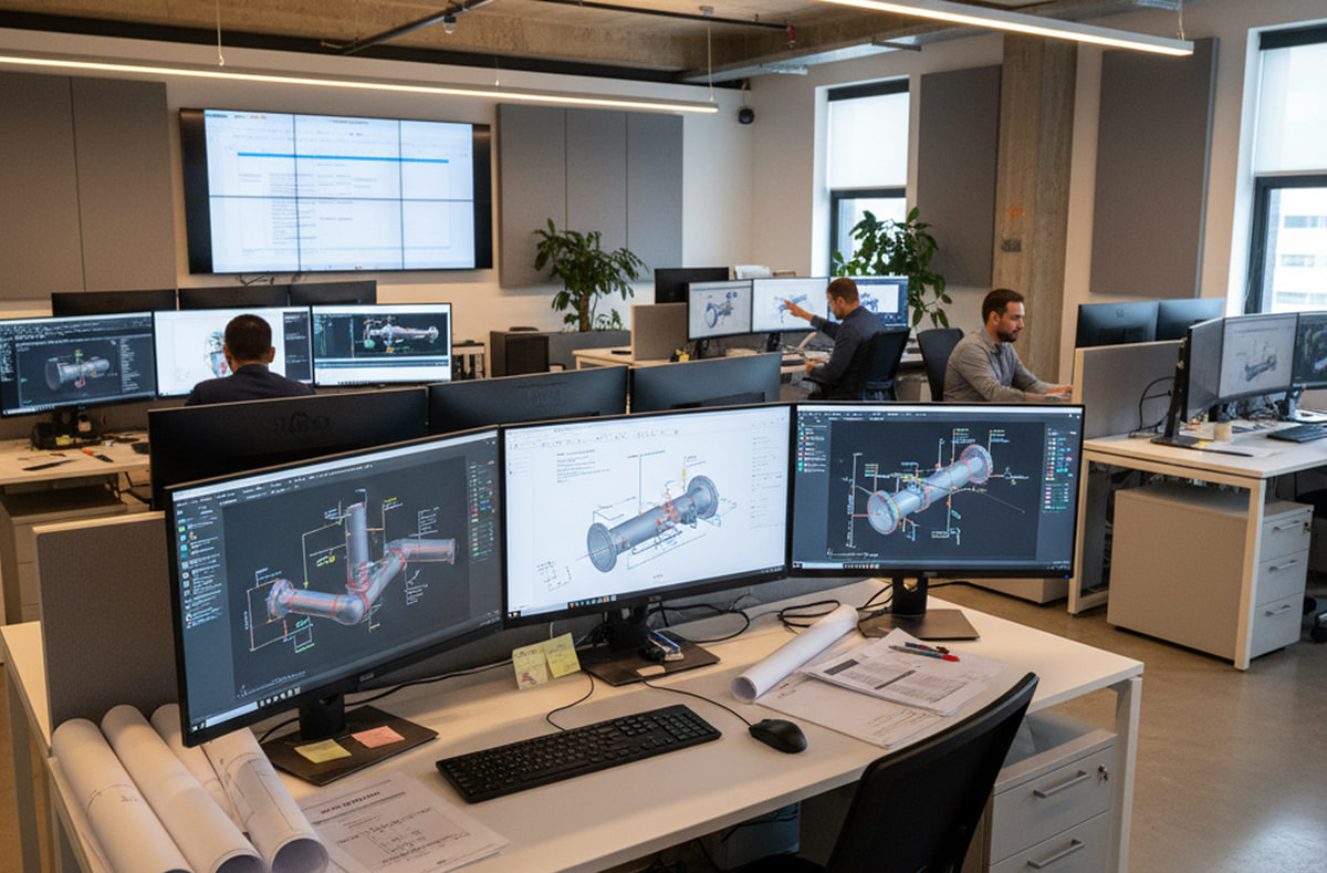 Gestion numérique de la chaîne d'approvisionnement Bureau d'ingénierie équipé de postes CAO multi-écrans affichant des modèles 3D de tronçons de tuyauterie, avec des plans roulés sur le bureau et un écran mural de données de projet
