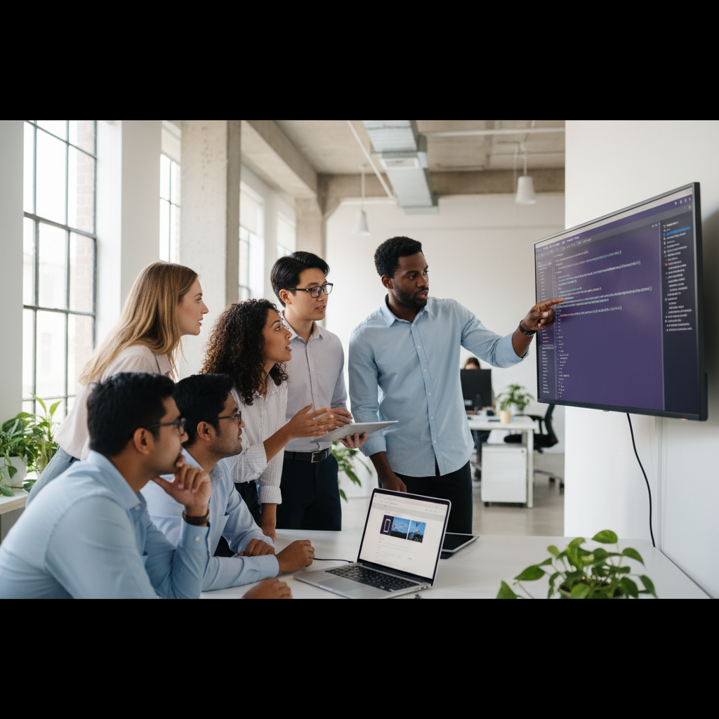 Développement d'applications .NET Illustration de développeurs construisant une interface de site web sur un grand moniteur et un écran mobile assorti