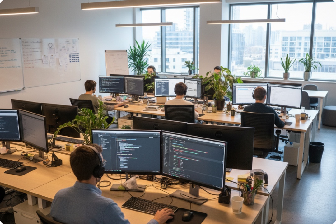 Drupal Development Team Development team working at multi-monitor workstations in a modern office