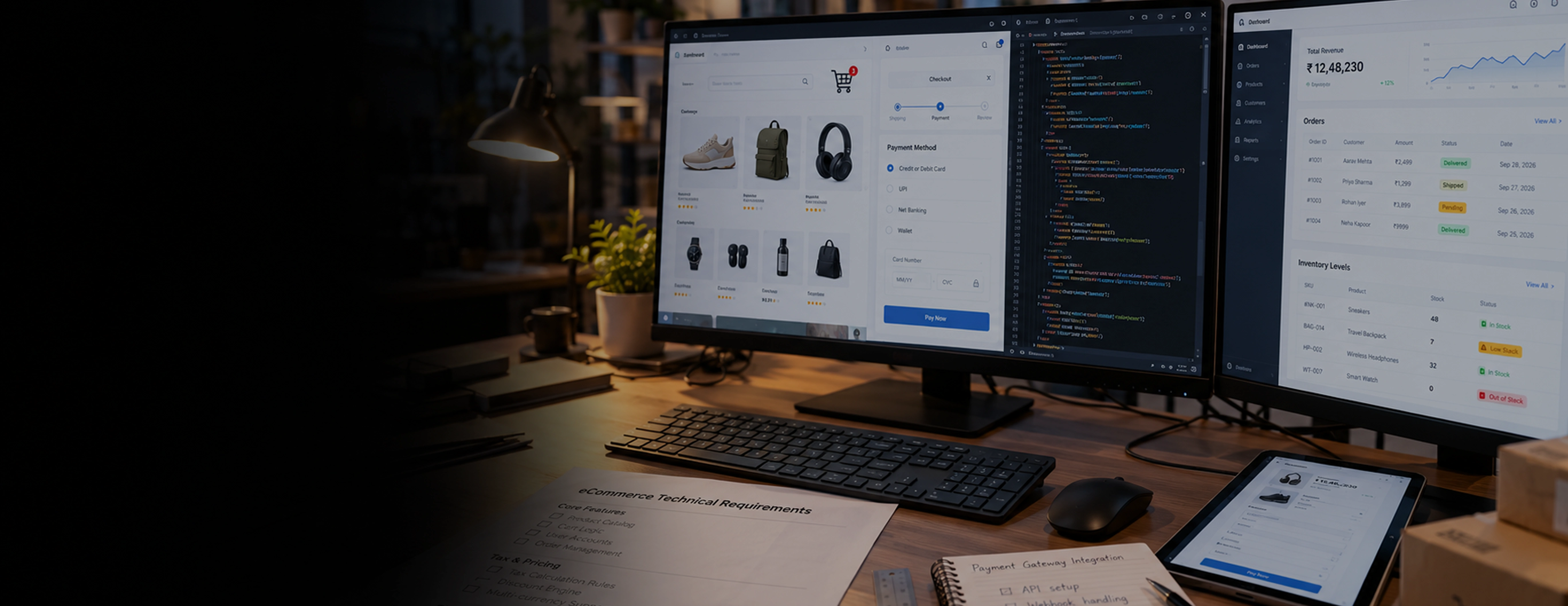 Illustration montrant des clients parcourant les fiches produits sur une application mobile de commerce électronique, avec un panier d'achat