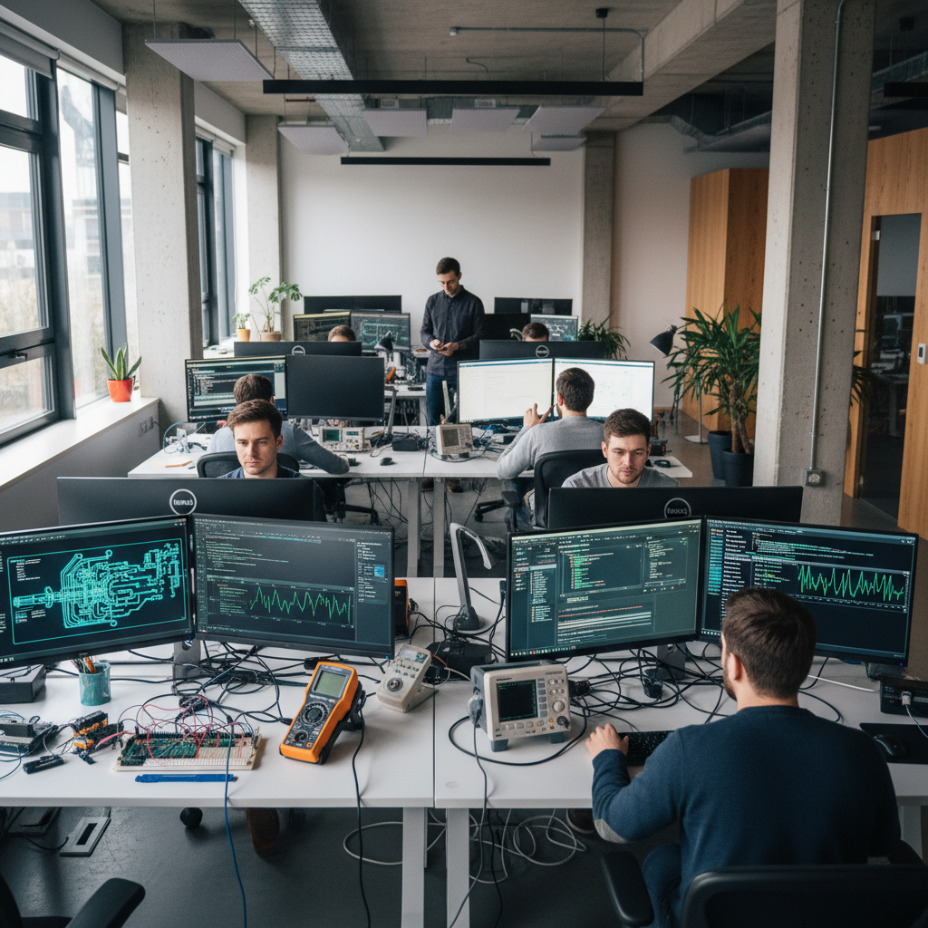 Ingénierie des logiciels embarqués Illustration représentant des développeurs travaillant sur un ordinateur portable et interagissant avec un grand écran affichant des icônes en forme d'engrenages et des données