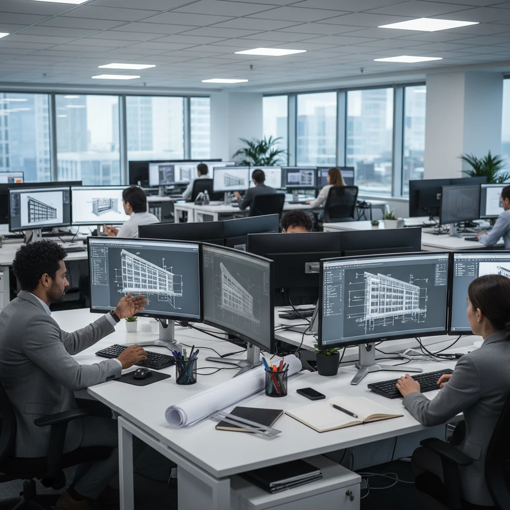 Facade engineering office with engineers reviewing building facade drawings on multiple monitors