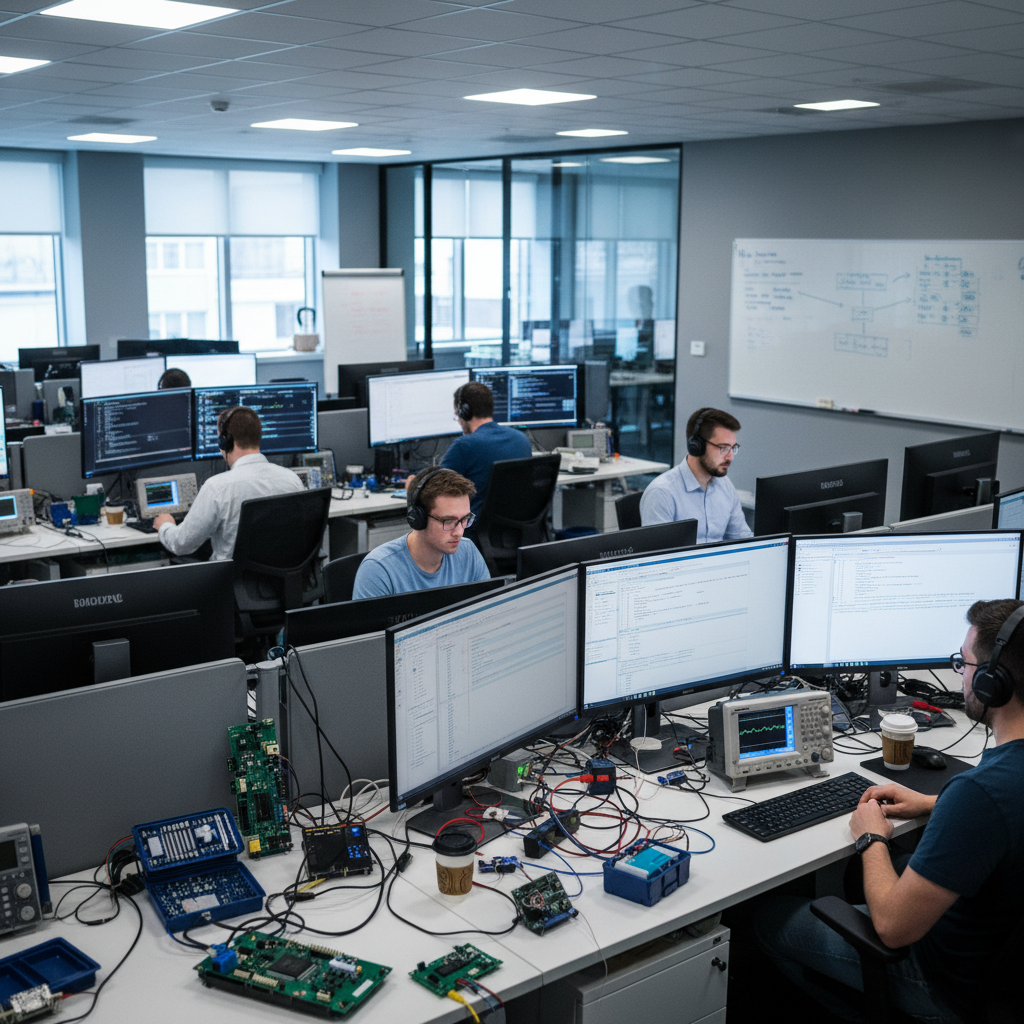 Illustration représentant deux personnes en train de configurer le micrologiciel sur des baies de serveurs, avec une icône représentant un signal sans fil