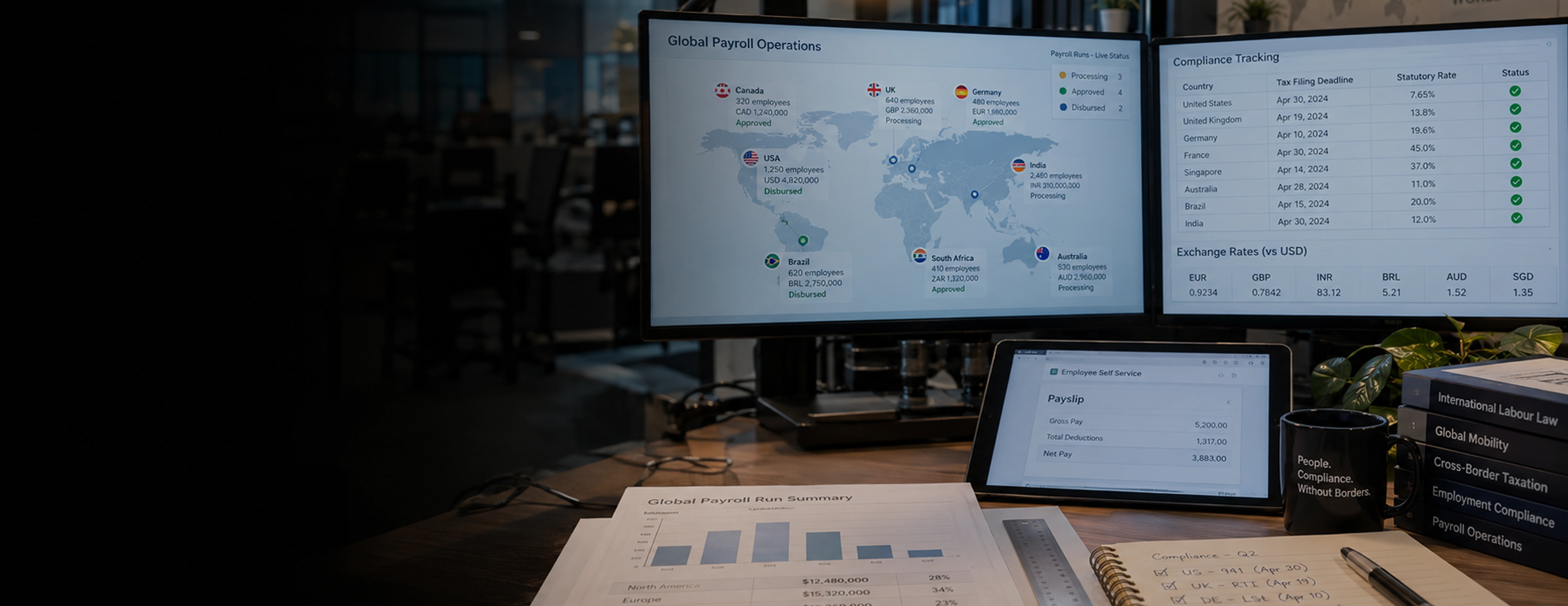 Global Payroll Management Services Abstrakt blå gradientbaggrund med subtile bølgelinjer, der repræsenterer global lønadministration