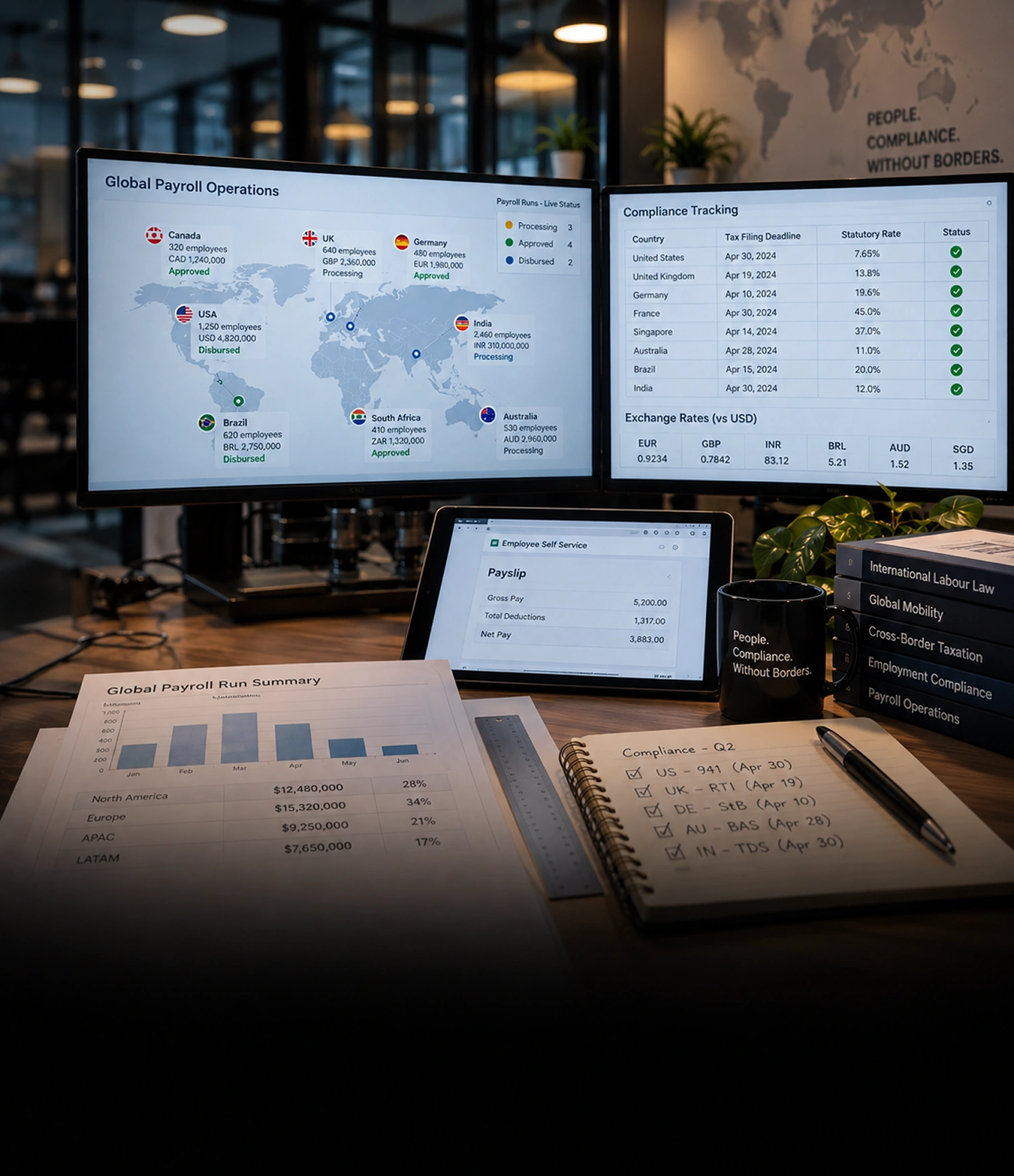 Global Payroll Management Services Abstrakt blå gradientbaggrund med subtile bølgelinjer, der repræsenterer global lønadministration
