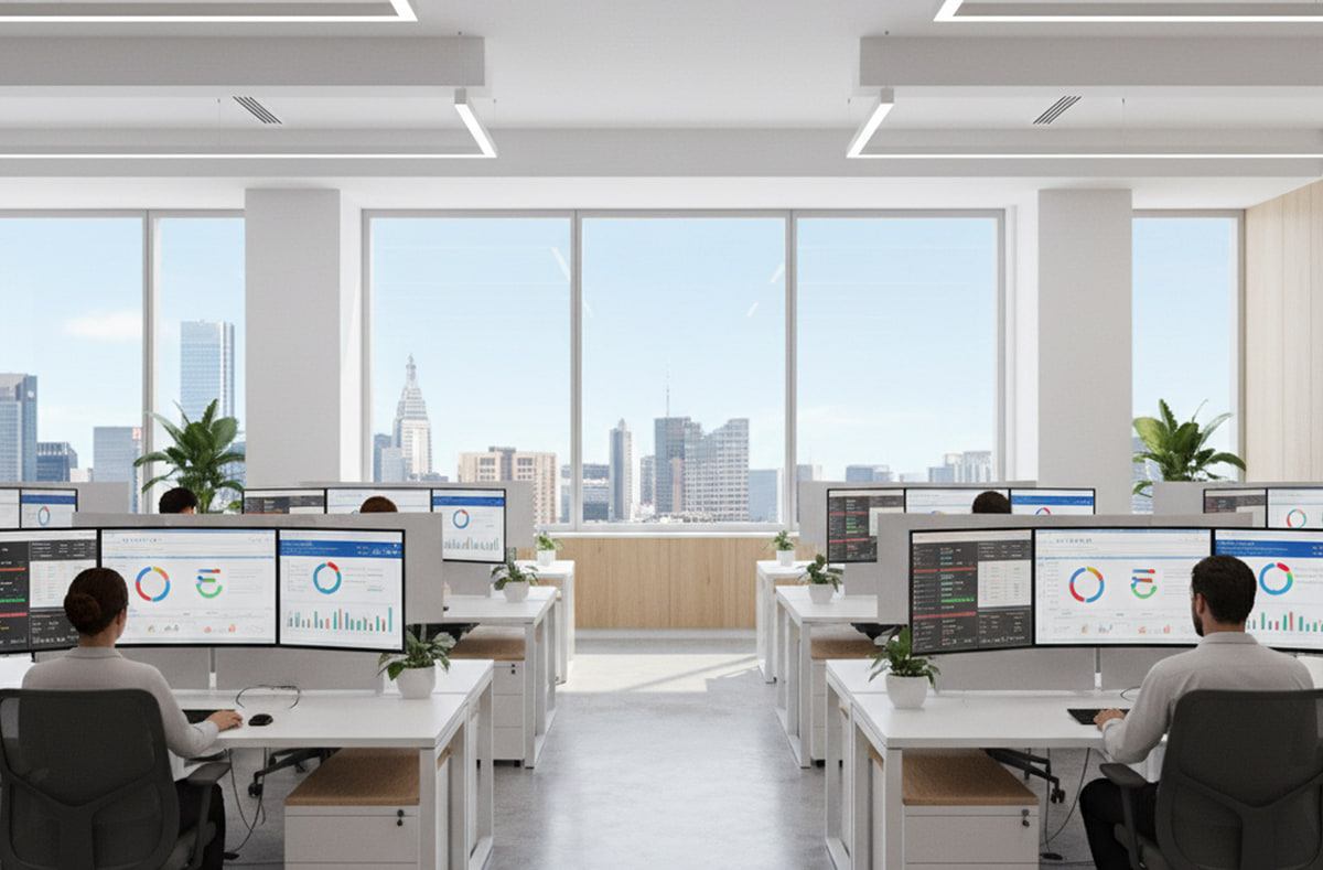 Gestion mondiale de la paie Équipe de paie internationale à des postes multi-écrans dans un bureau en hauteur, les écrans affichant des tableaux de bord de devises avec symboles euro et des graphiques de paiement, la skyline visible à travers des baies vitrées