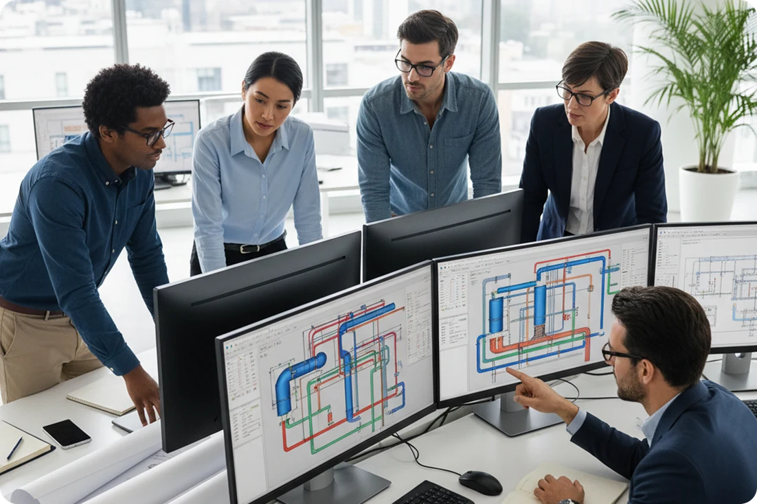 Industrial architectural design team reviewing plant piping layouts on multi-monitor CAD workstations
