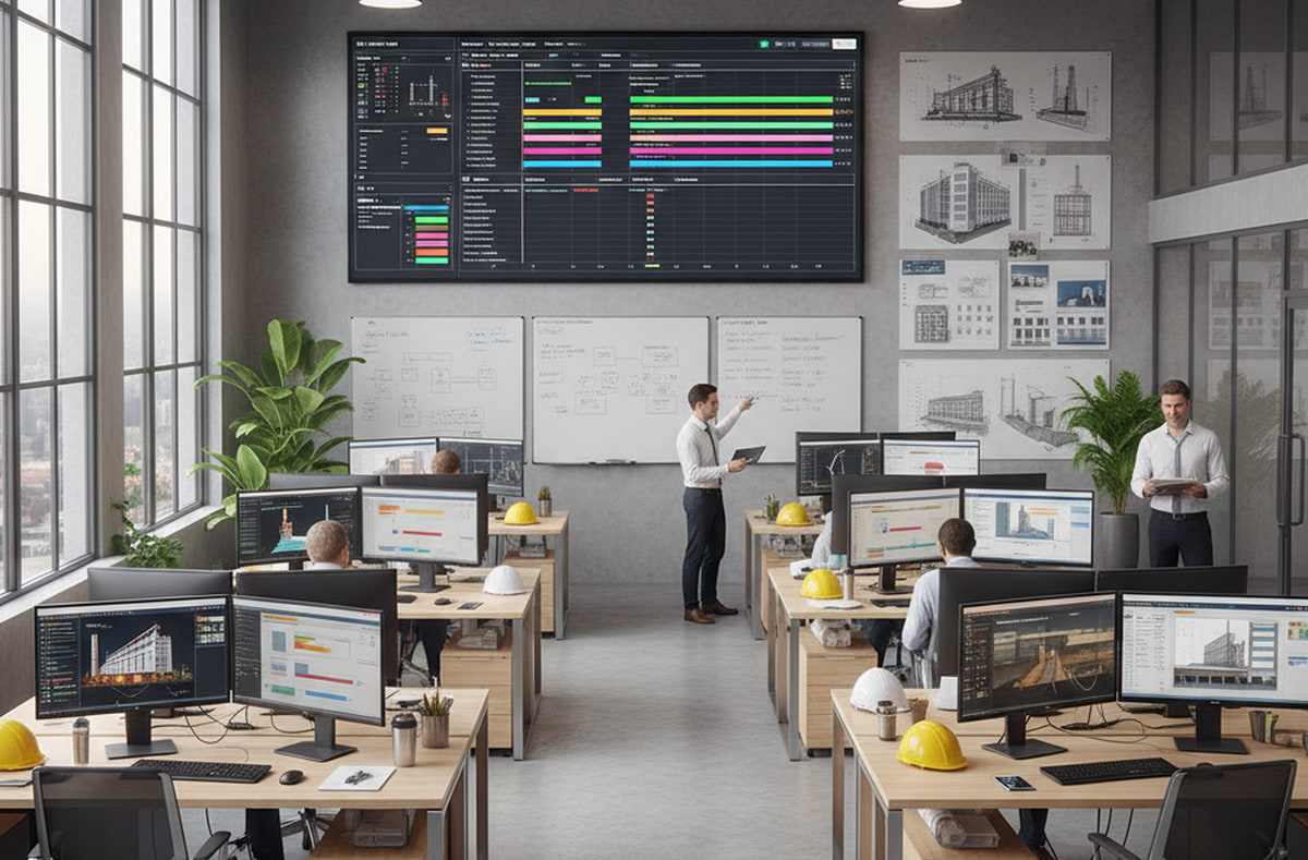 Bureau de gestion de la construction avec des tableaux de bord de planning de projet sur un grand écran mural, des tableaux blancs de planification et des ingénieurs travaillant sur des postes multi-écrans