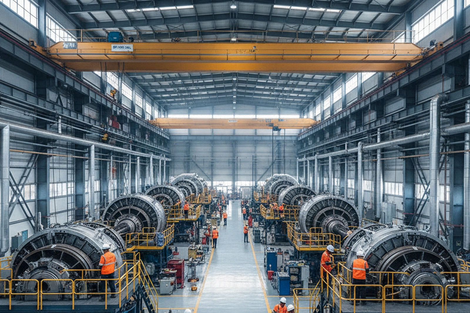 Services de conception mécanique industrielle Des ingénieurs vêtus de tenues haute visibilité travaillent sur des rangées de grands rotors de turbines à l'intérieur du hall d'assemblage d'une usine industrielle