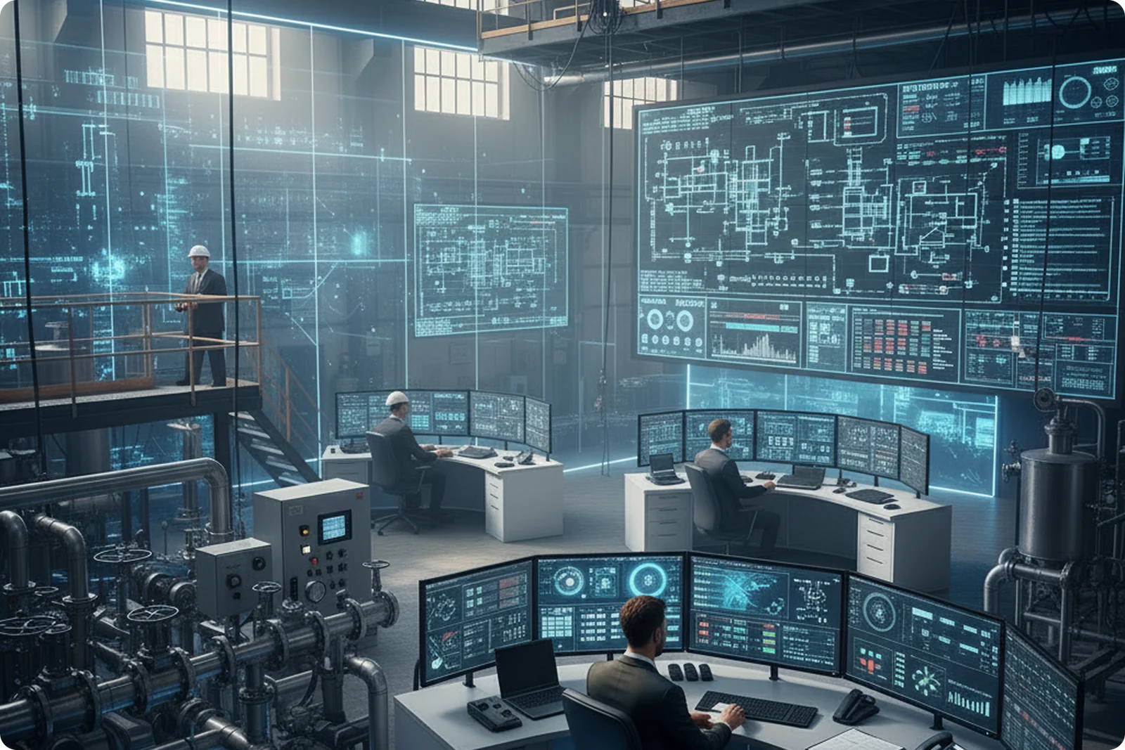 Services d'ingénierie des procédés industriels Ingénieurs surveillant une salle de contrôle de procédés industriels, avec schémas d'installation en temps réel, diagrammes P&ID et tableaux de bord TRS affichés sur de grands écrans au-dessus de postes de travail multi-écrans