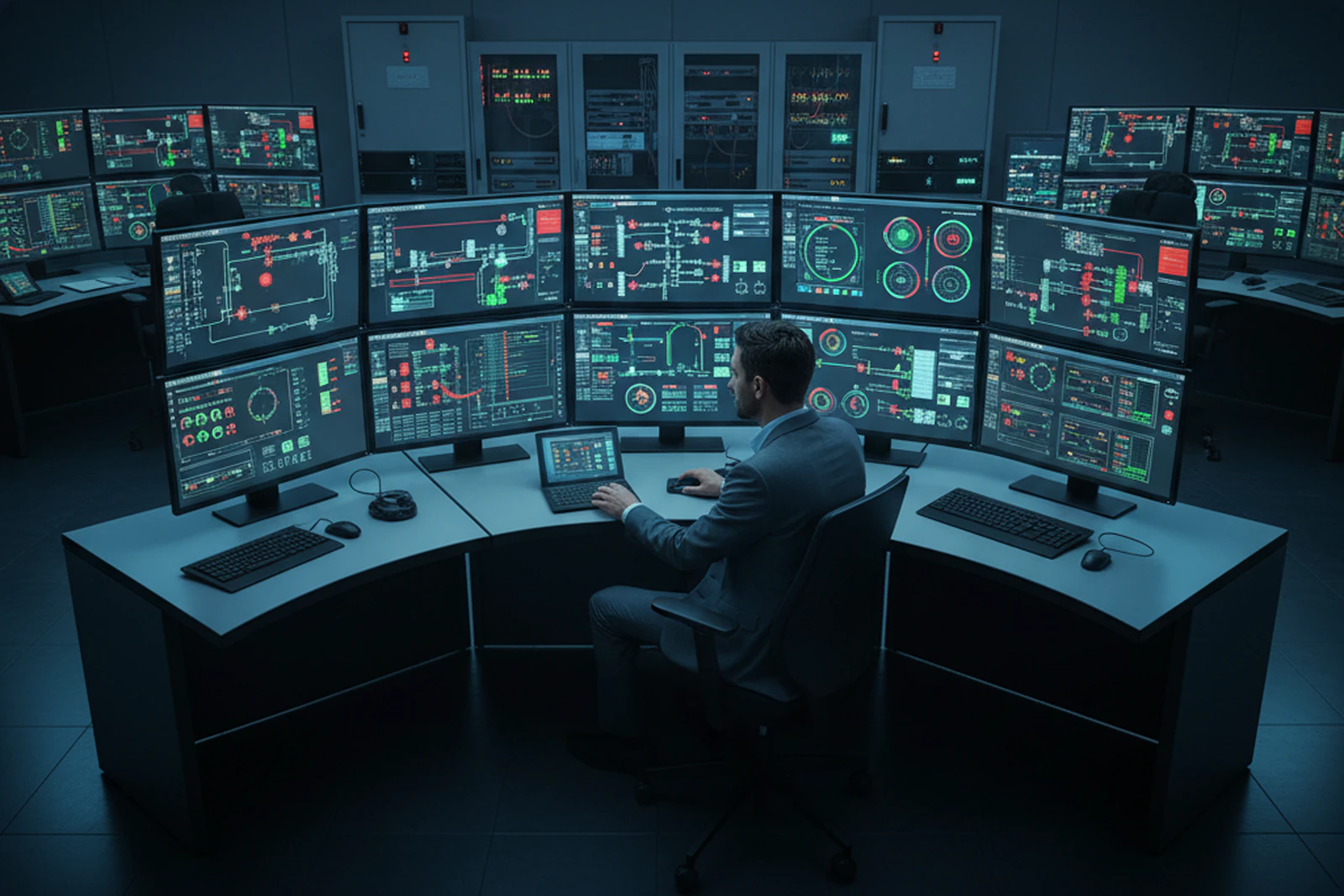 Ingénieur en salle de contrôle surveillant des schémas de procédé et des tableaux de bord du système de contrôle sur une console d'opérateur multi-écrans