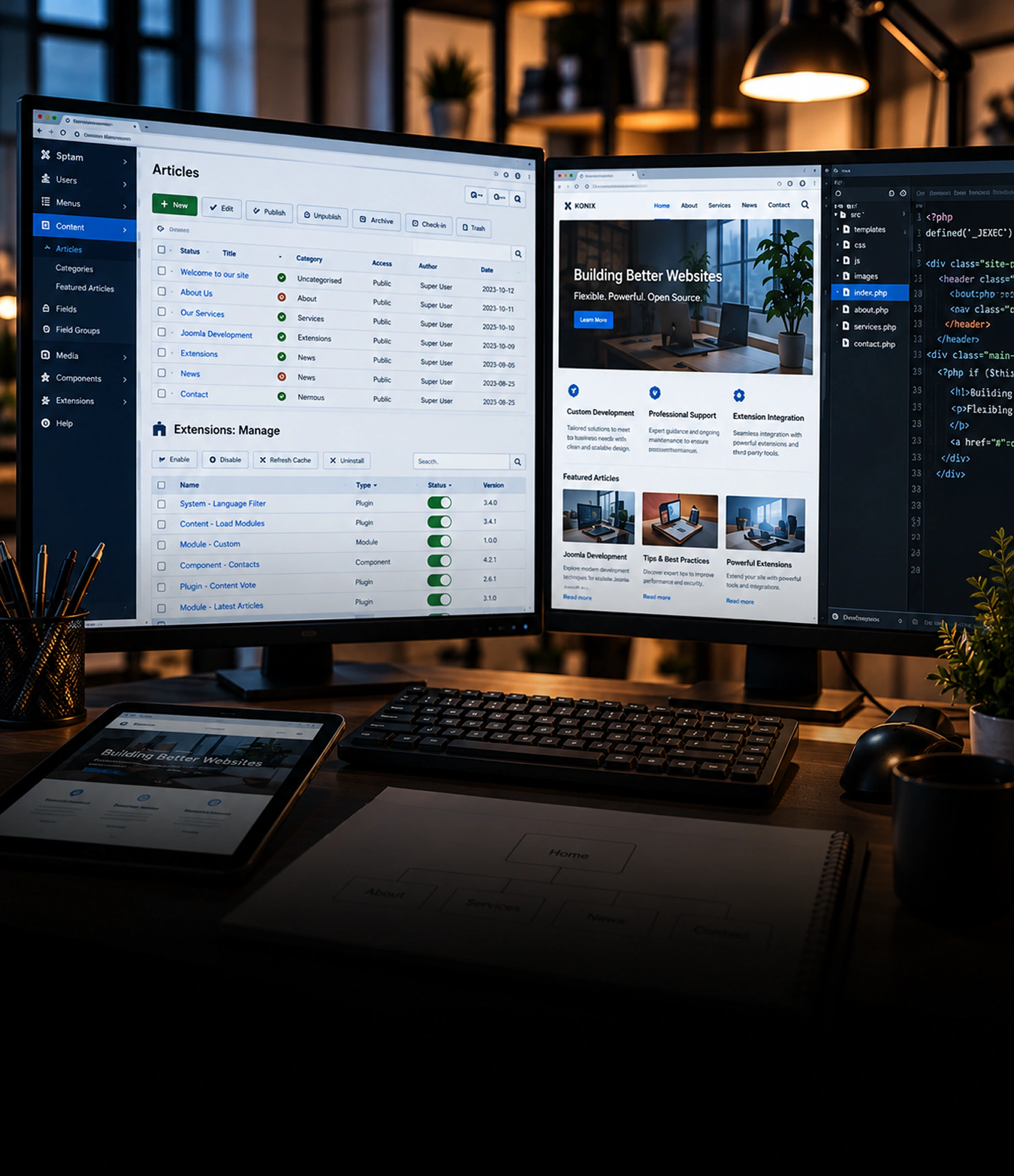 Services de développement Joomla Logo Joomla avec des personnages colorés entrelacés au-dessus du nom Joomla sur un fond dégradé sombre