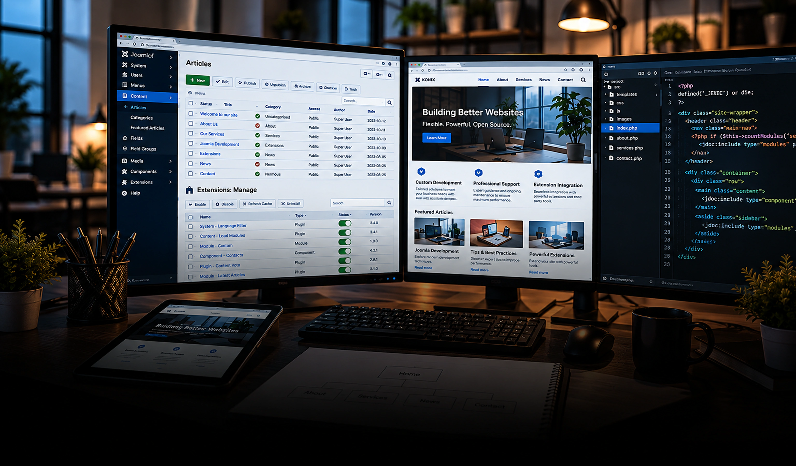 Services de développement Joomla Logo Joomla avec des personnages colorés entrelacés au-dessus du nom Joomla sur un fond dégradé sombre