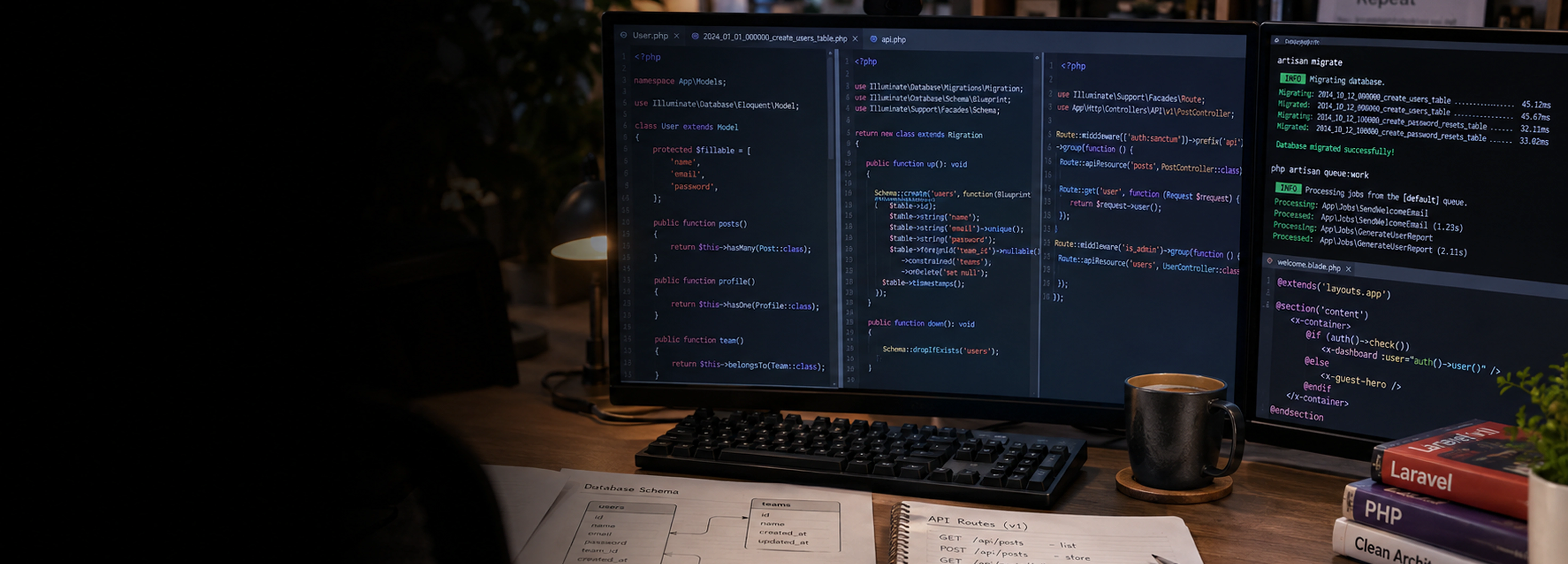 Laravel-udviklingsydelser Laravel-logoet vises på en computerskærm med et printkort i baggrunden